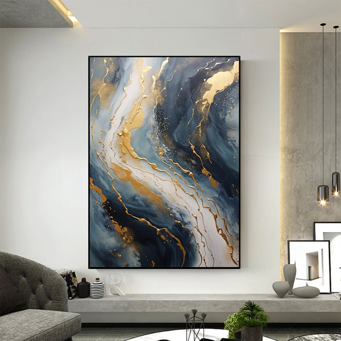 Dynamic Blue and Gold Abstract Canvas Art #BGA 035