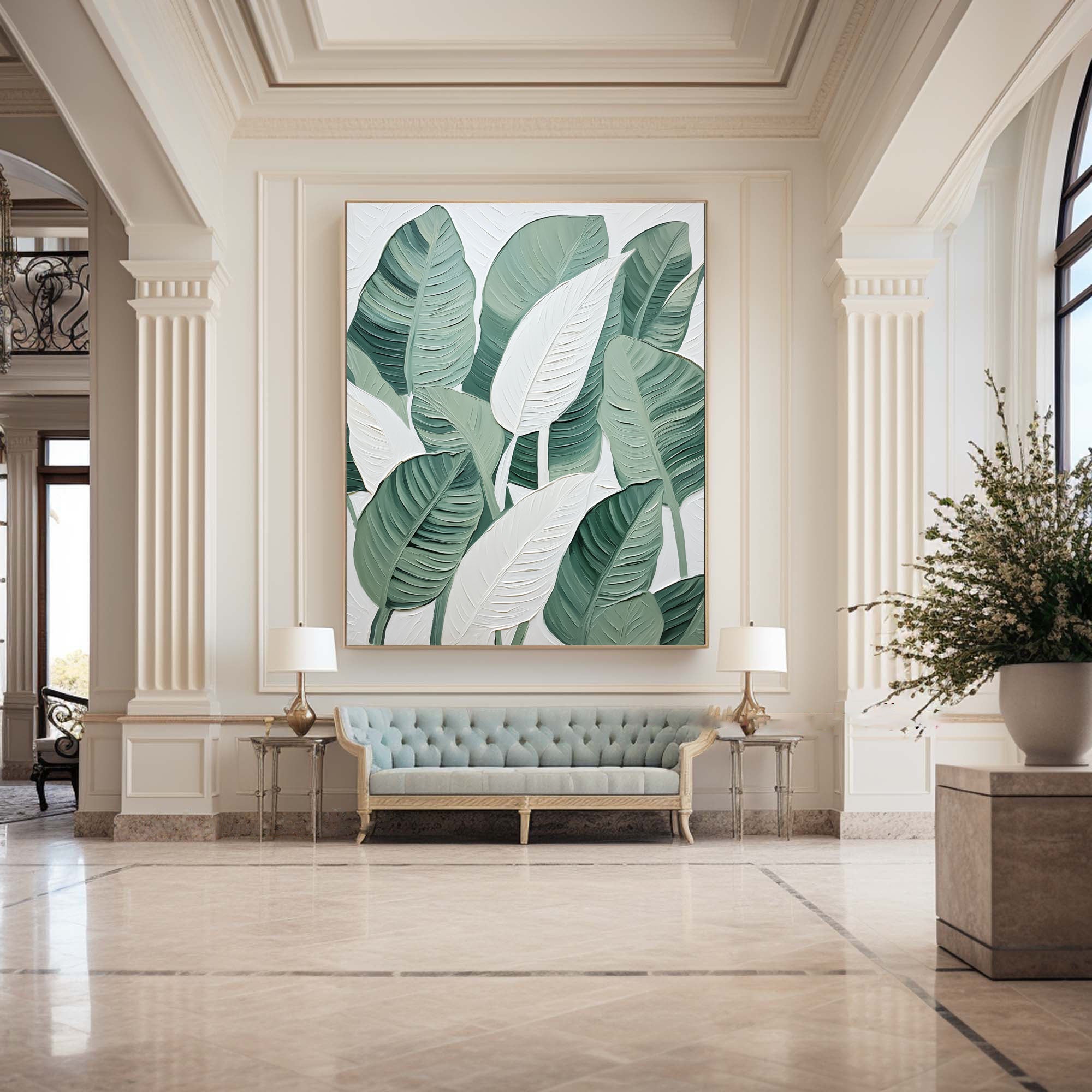 Green and White Leaf Canvas Art #BGM 030