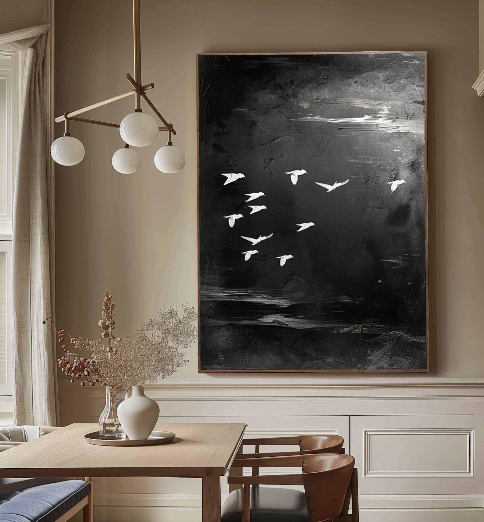 Majestic Birds in Flight Abstract Art Large Black and White Canvas #BM 048