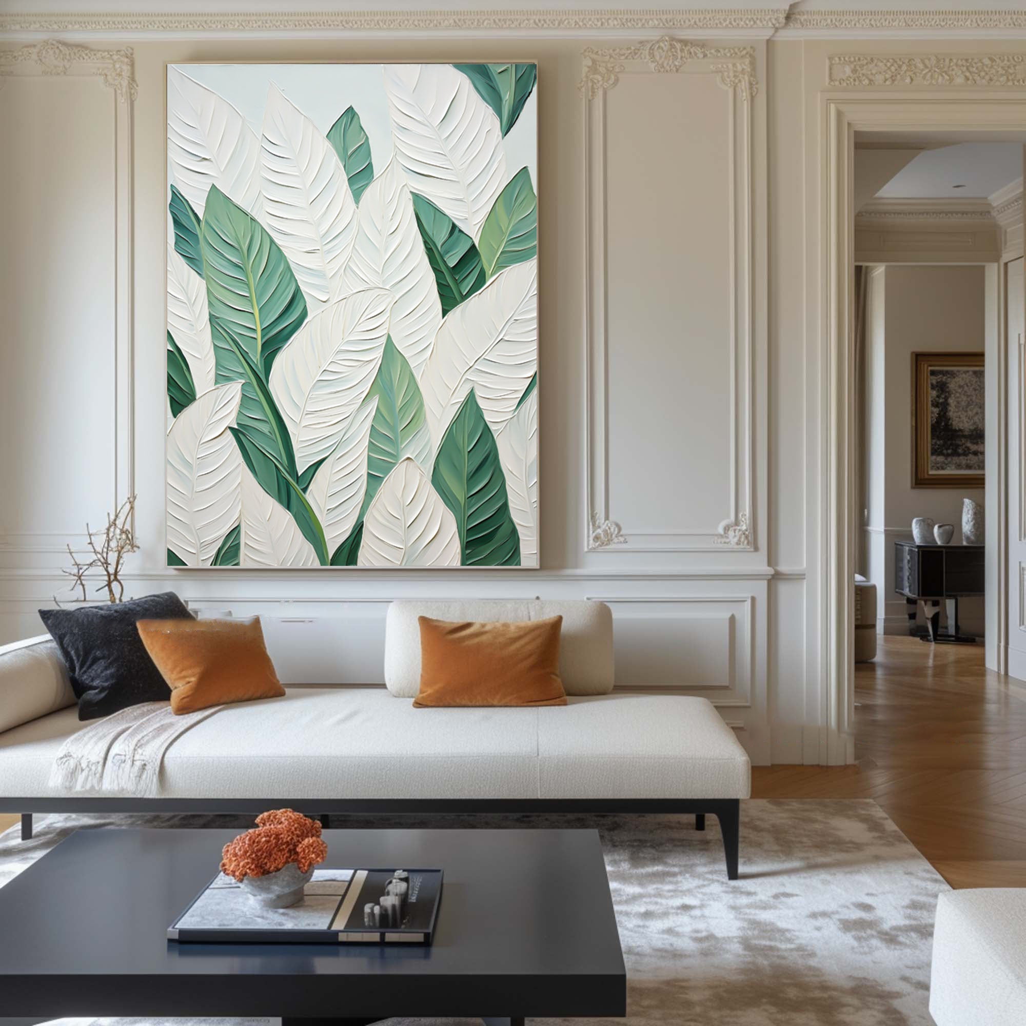 Green and White Leaf Canvas Art #BGM 029