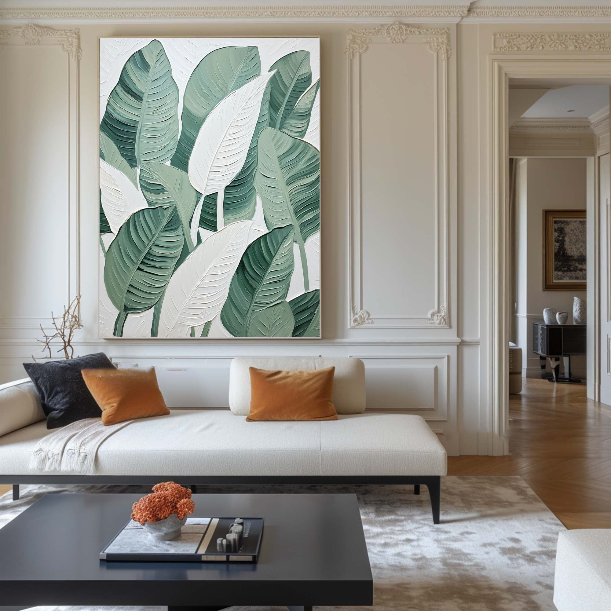 Green and White Leaf Canvas Art #BGM 030