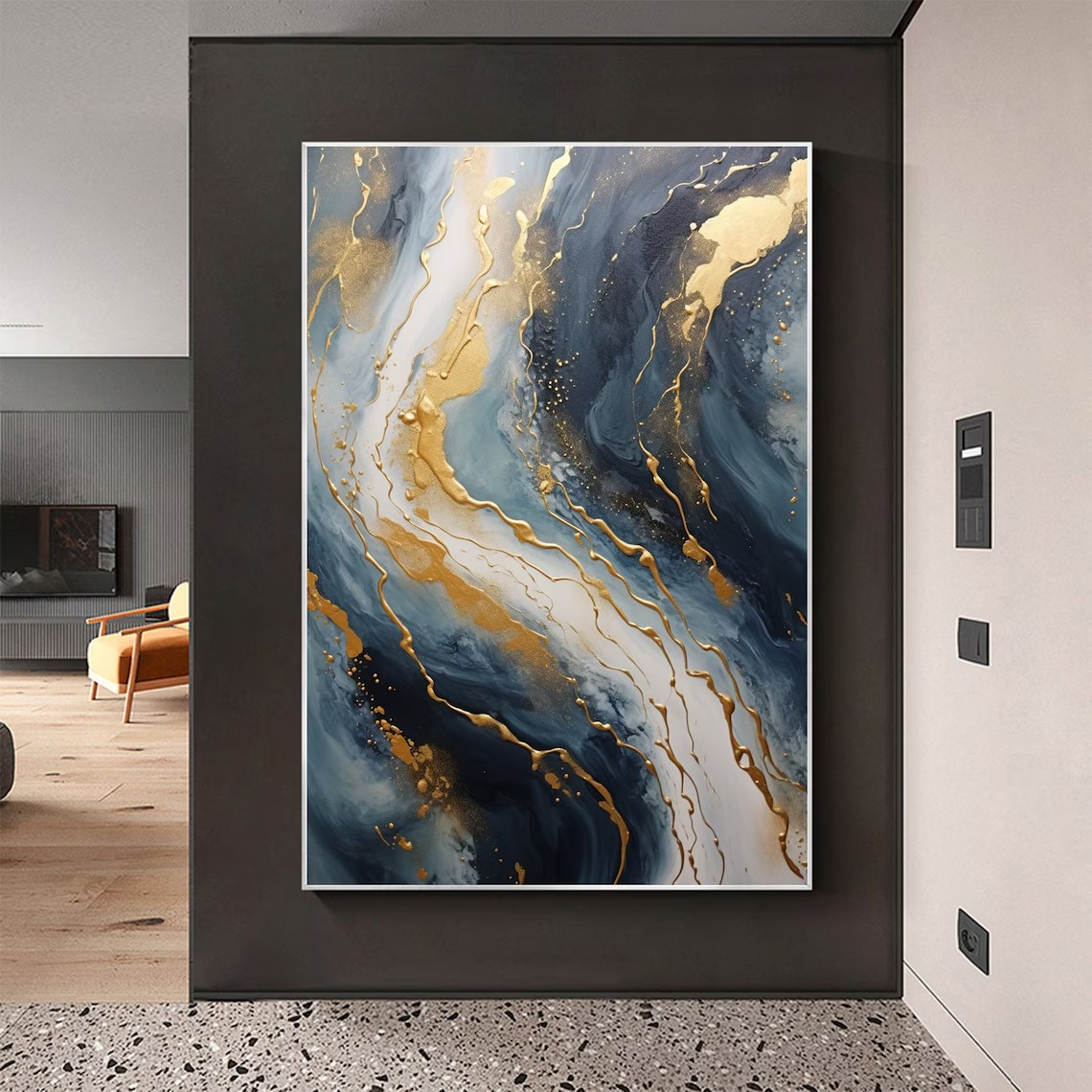 Dynamic Blue and Gold Abstract Canvas Art #BGA 035