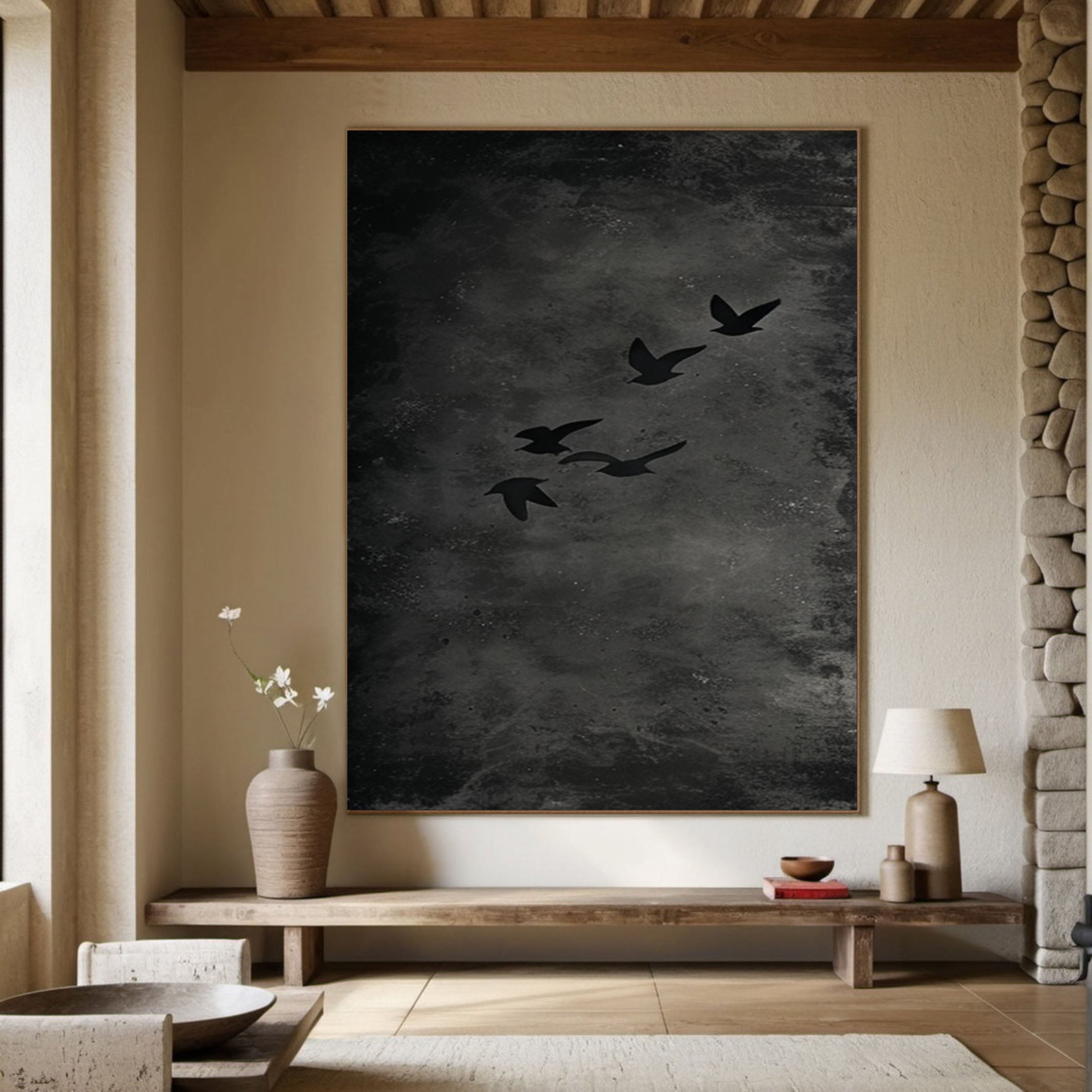 Mystical Birds Abstract Wall Art Black and White Textured Canvas #BM 055