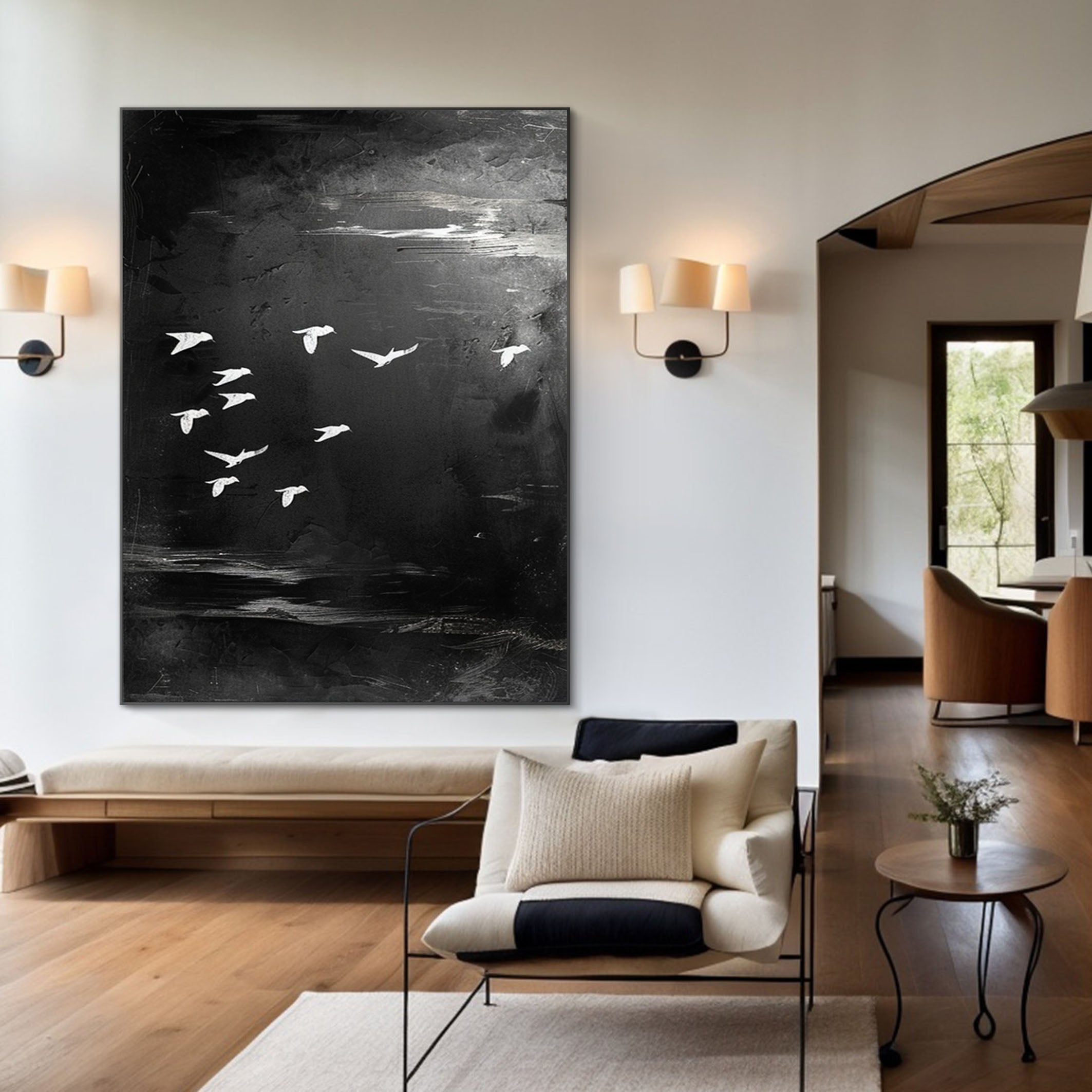 Majestic Birds in Flight Abstract Art Large Black and White Canvas #BM 048