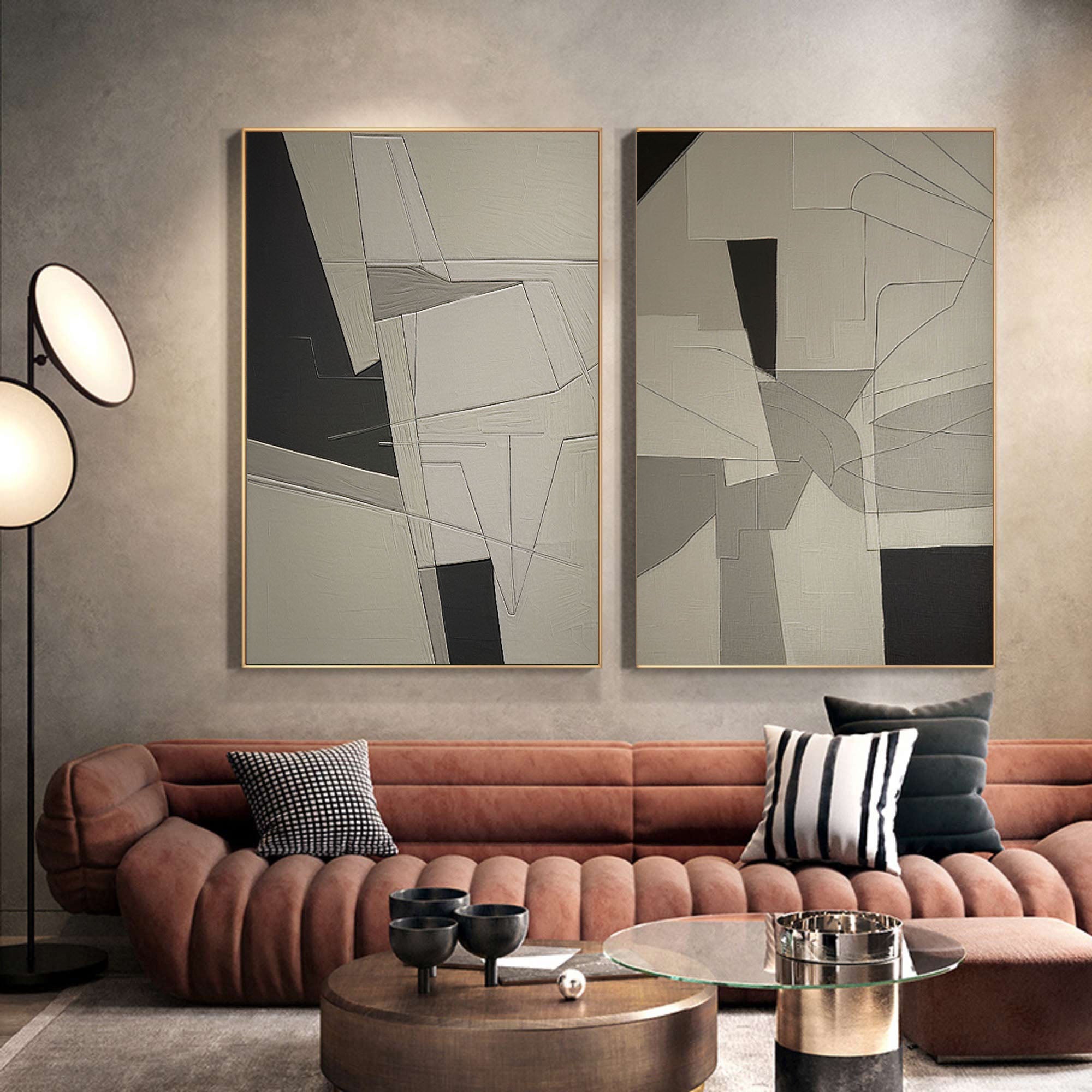 Beige & Brown Abstract Painting SET OF 2 #LL 002
