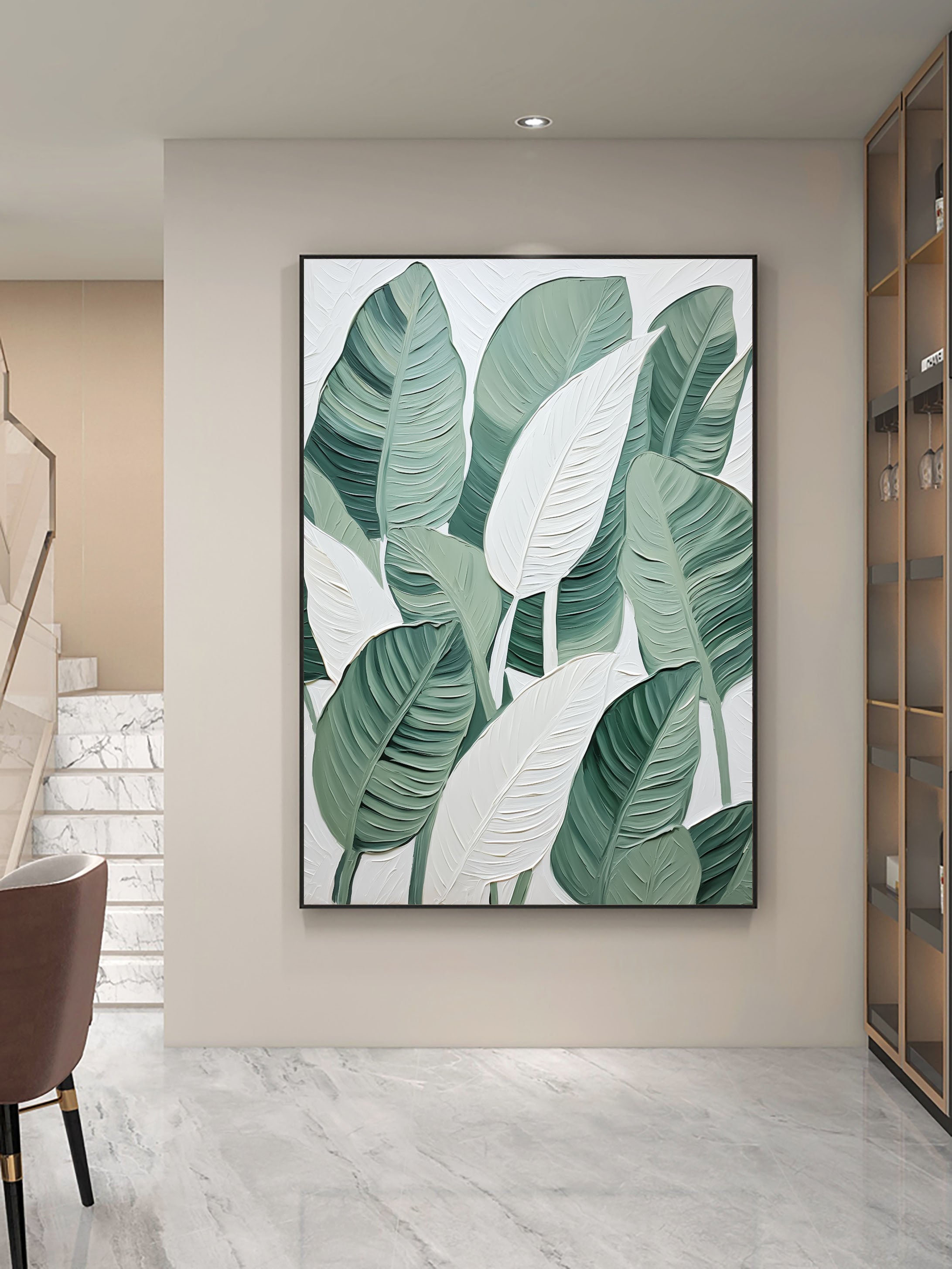 Green and White Leaf Canvas Art #BGM 030