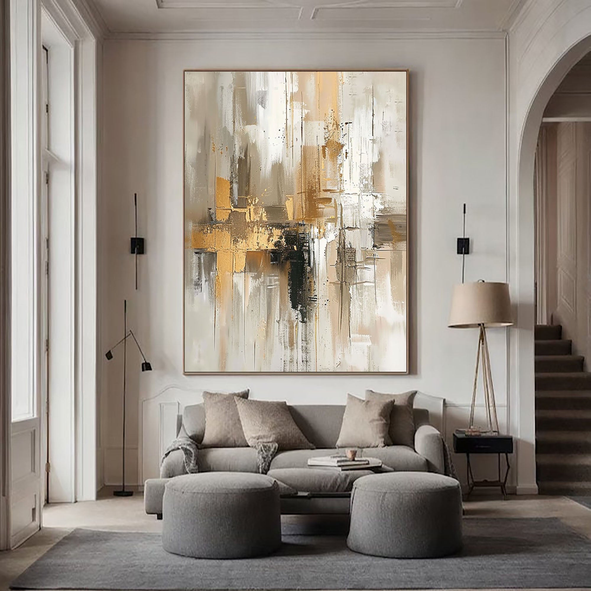 Neutral and Gold Abstract Art Oil Painting for Living Room #BBA 015