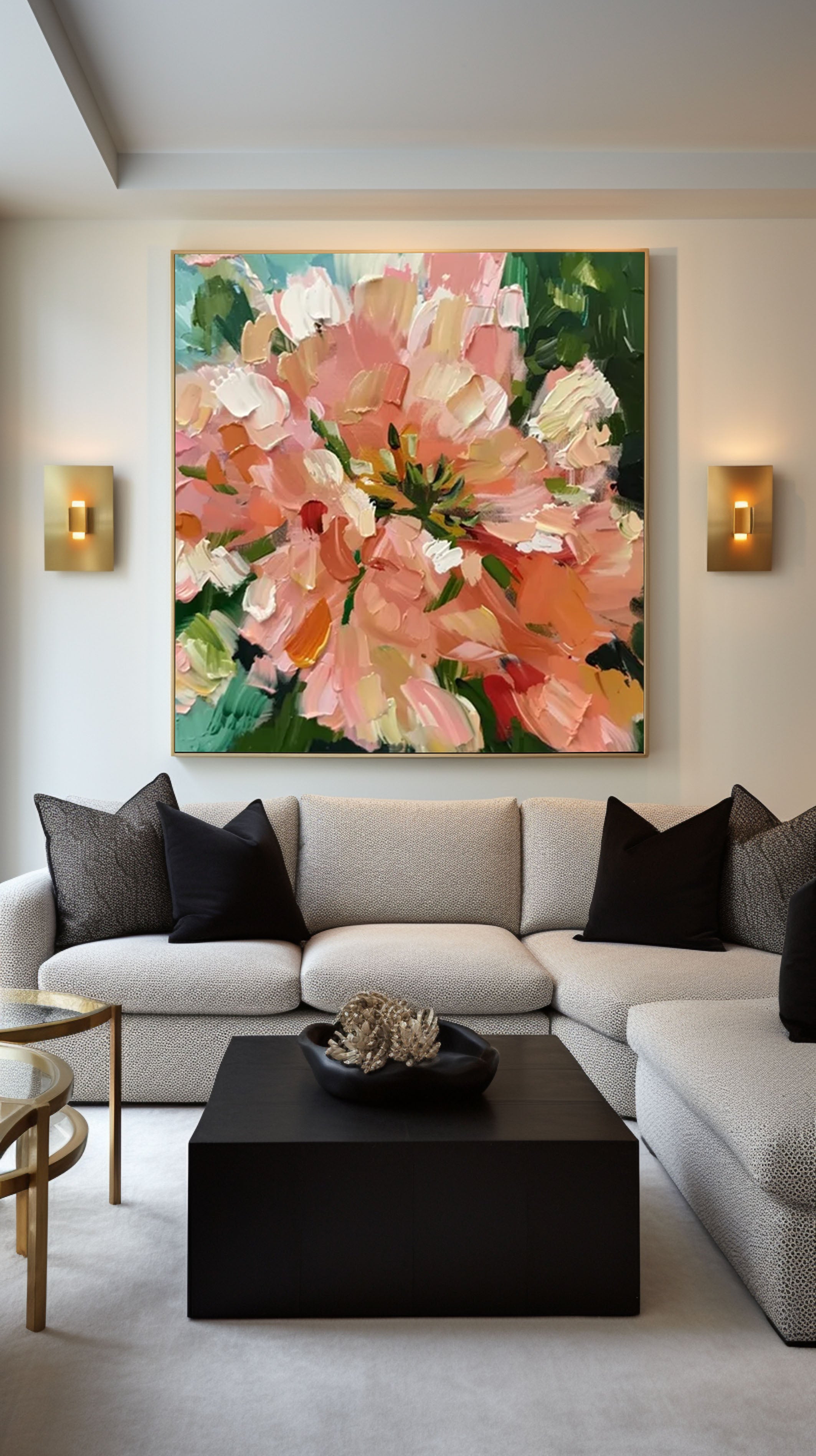 Blossoming Pink Peonies Canvas Art Impressionist Floral Wall Decor #FT 027