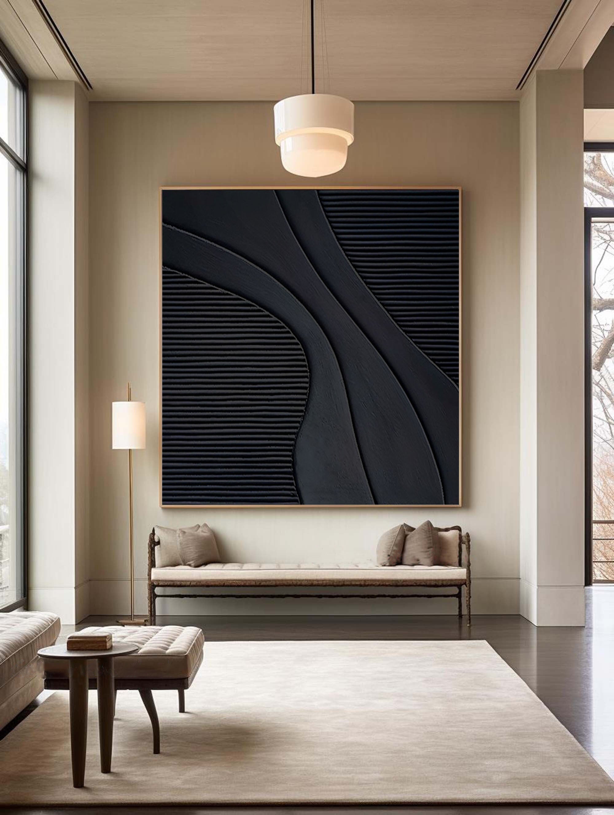 Black Minimalist Abstract Textured Oil Painting for Modern Rooms #BM 012