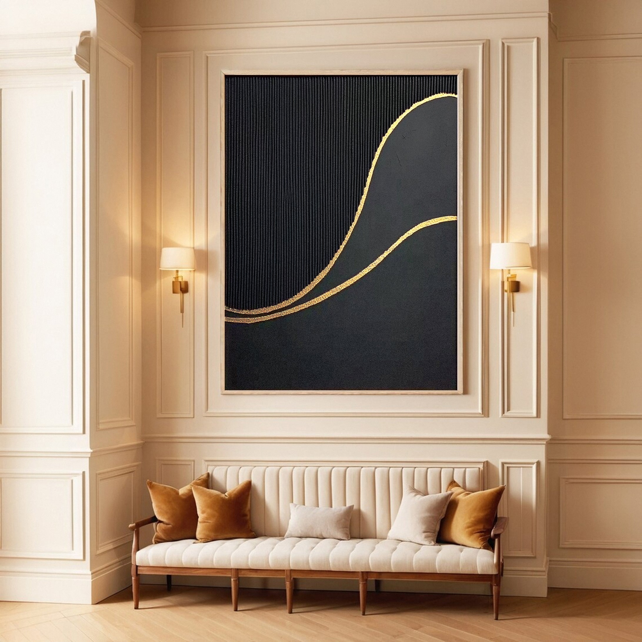 Luxury Waves Black and Gold Abstract Canvas Art #BM 078