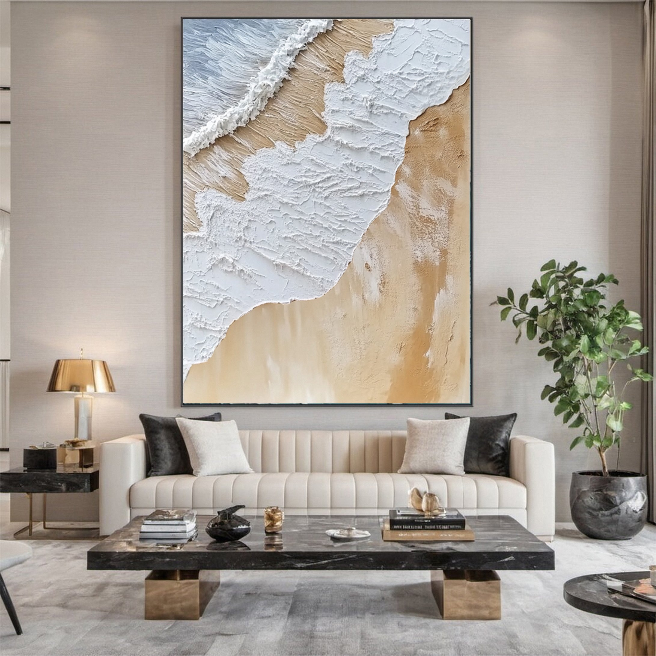 Luxurious Textured Abstract Canvas Art Gold and White Waves #OS 029