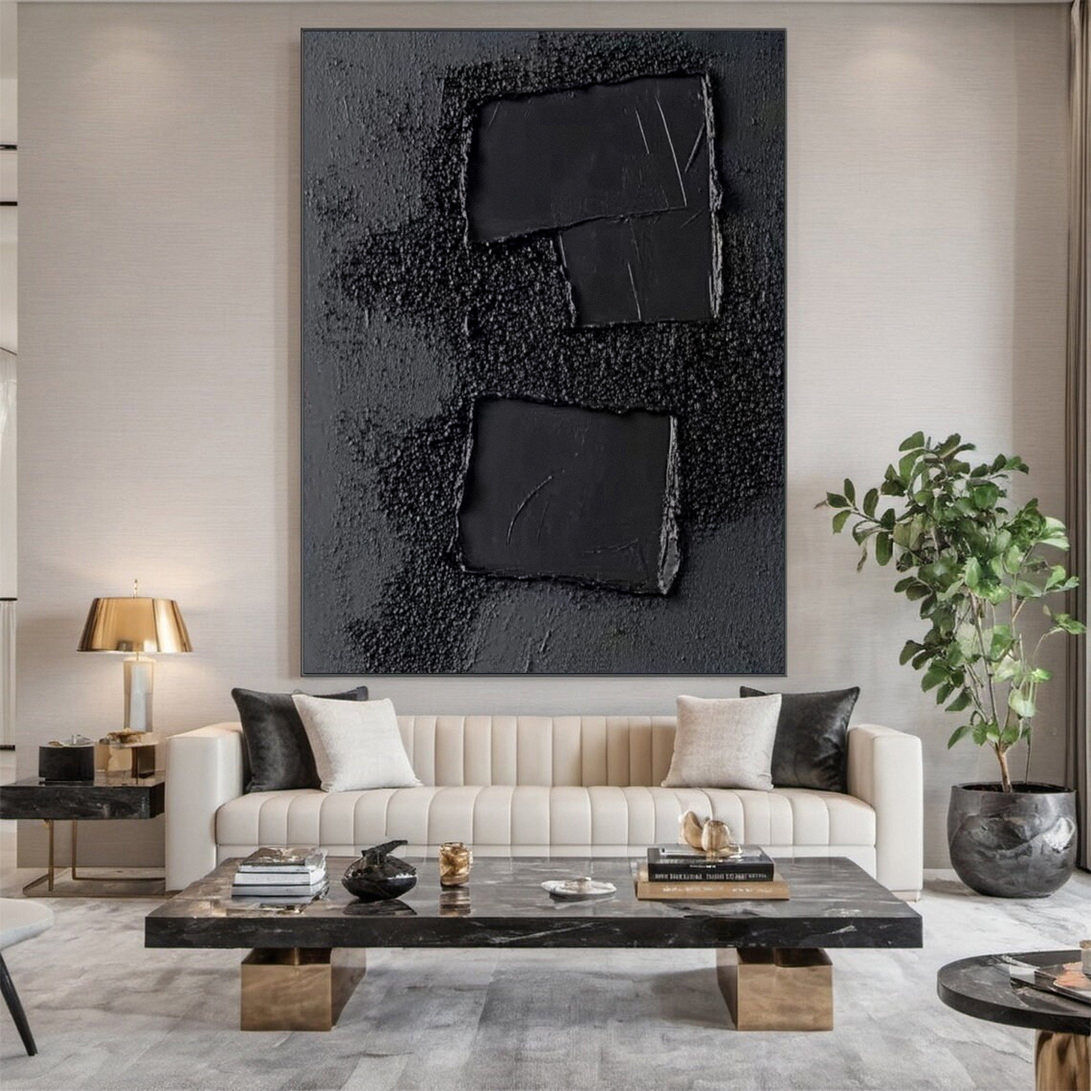 Elegant Black Abstract Sculpture Paintin Textured Canvas Art #BM 072