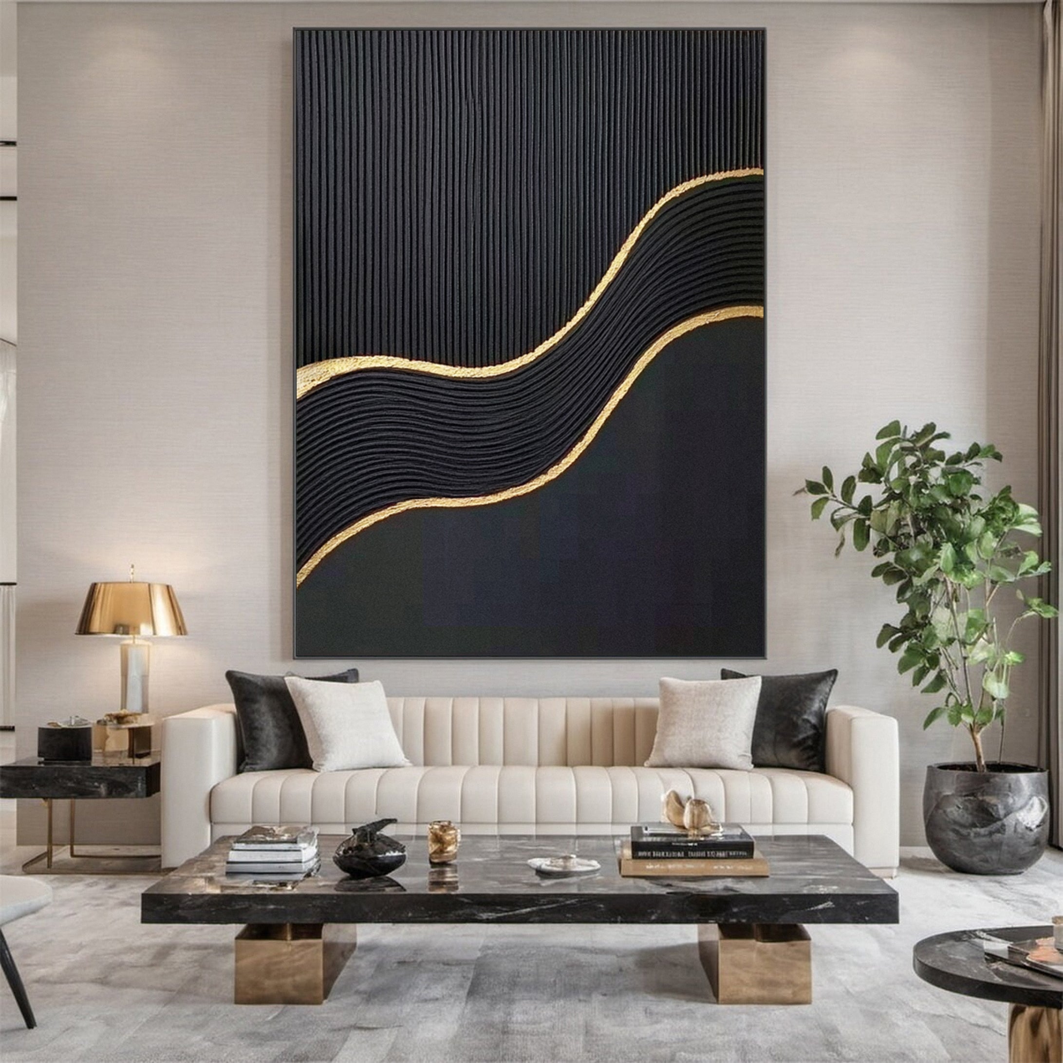 Luxury Waves Black and Gold Abstract Canvas Art #BM 079