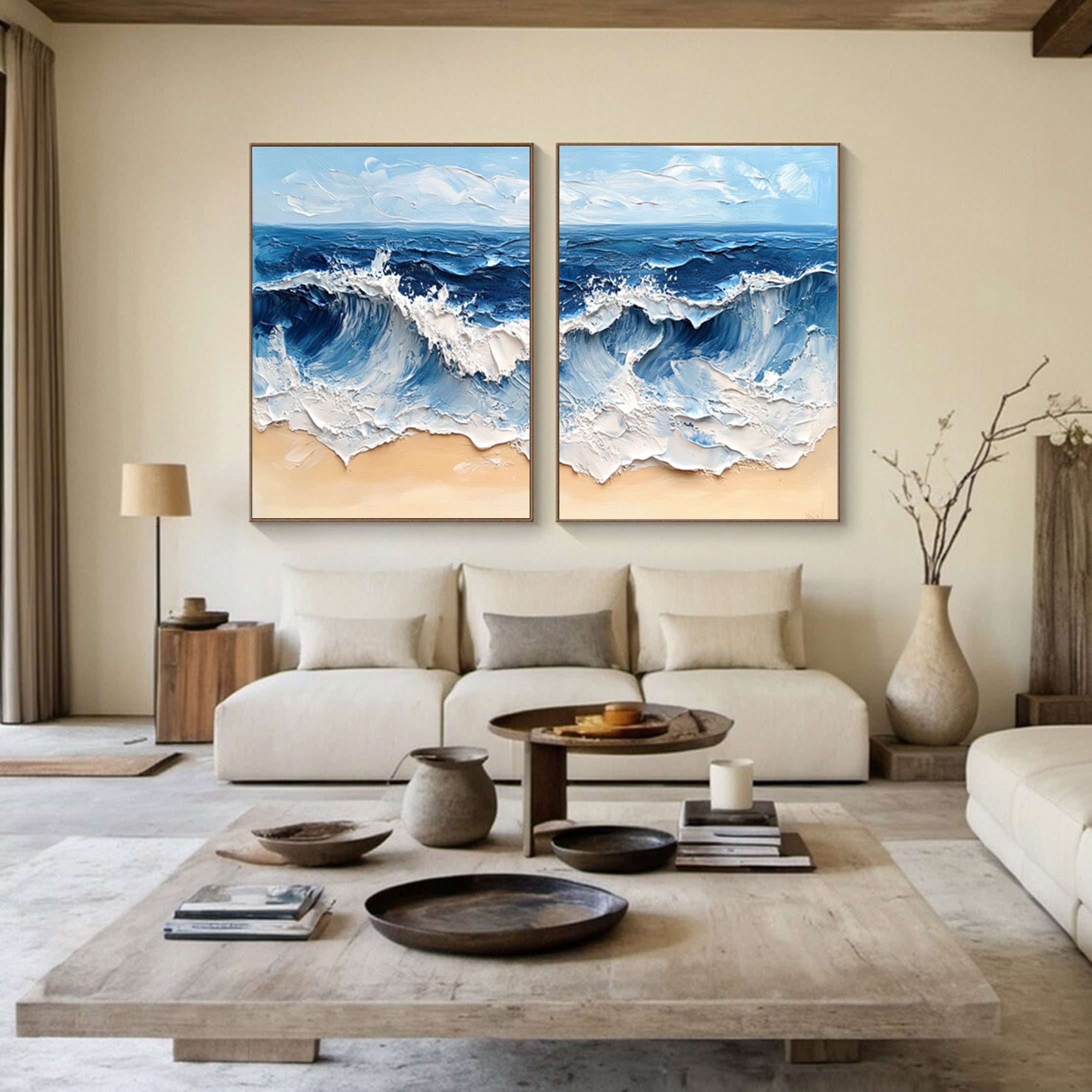 Dynamic Ocean Wave Canvas Art Textured Sea Painting Set Of 2 #OS 076