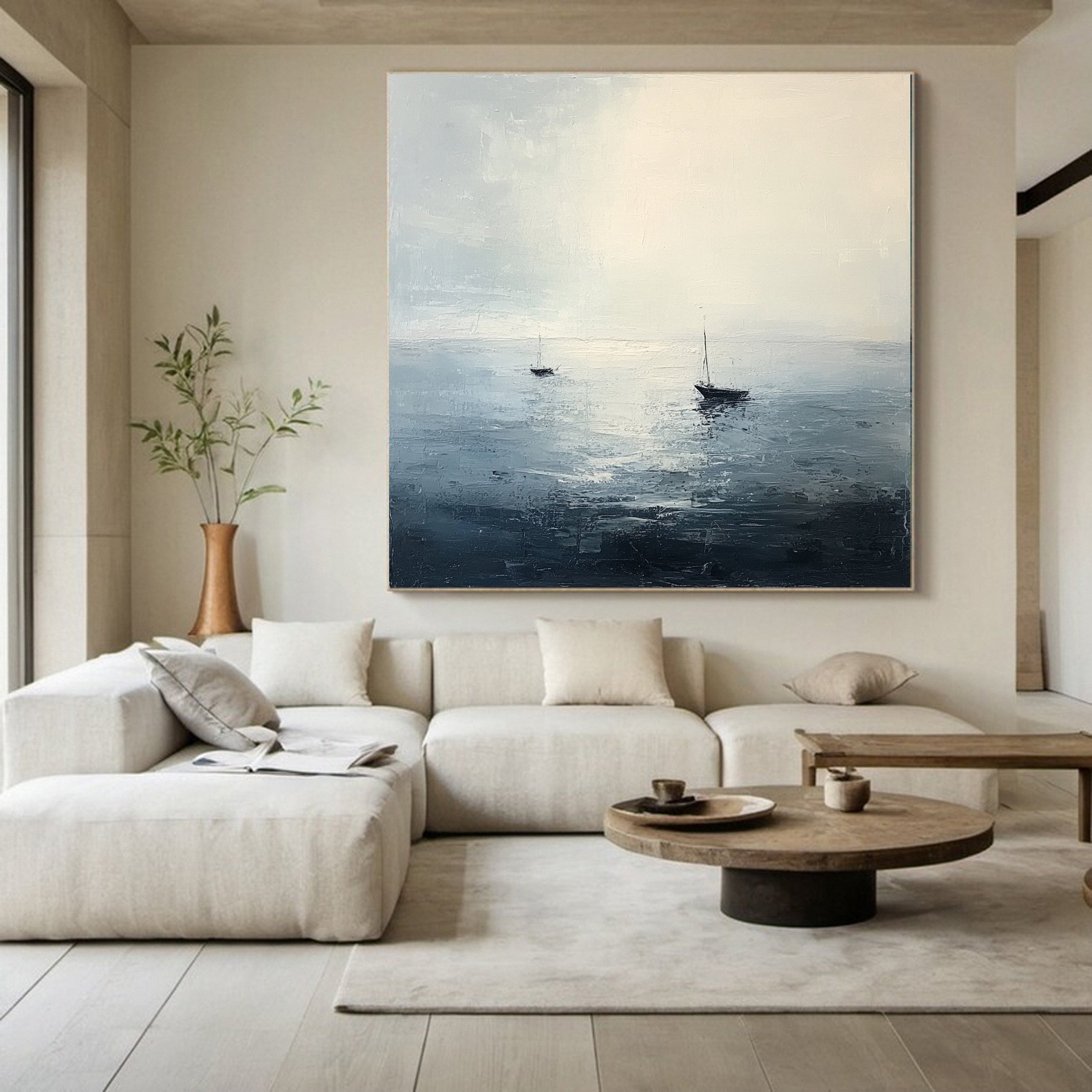 Oceanic Calm Distant Boats Painting for Relaxing Interiors #BBA 040