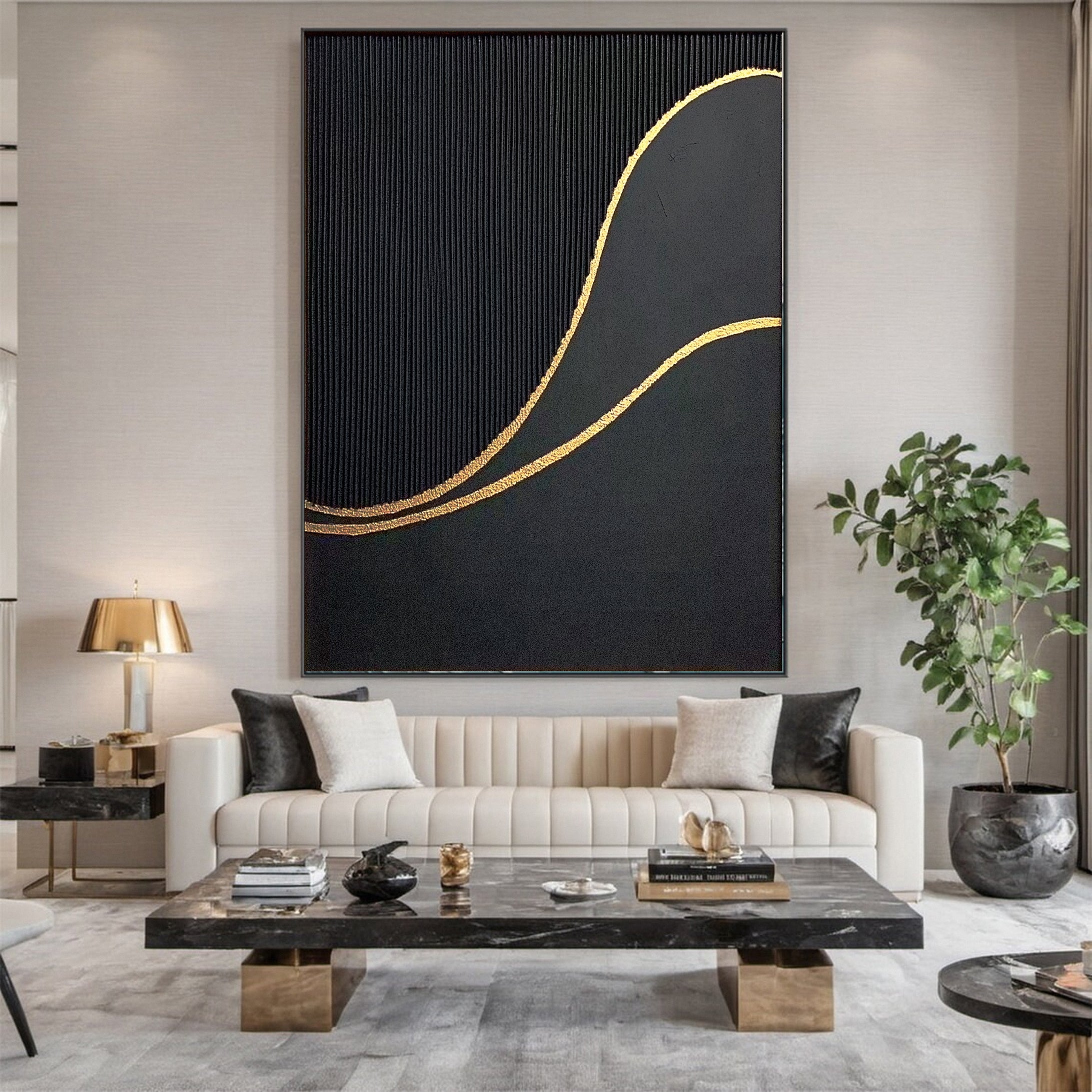 Luxury Waves Black and Gold Abstract Canvas Art #BM 078