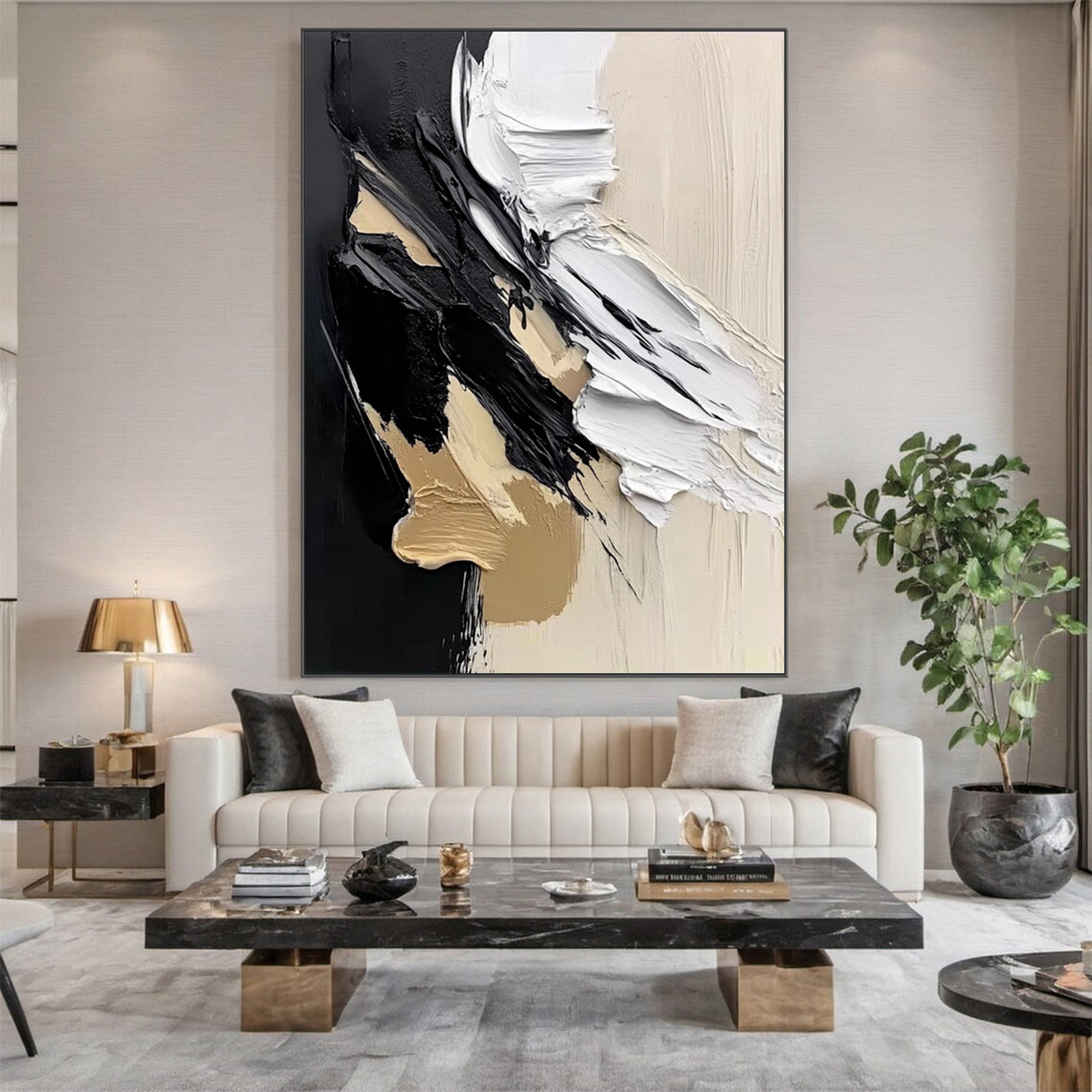 Luxury Abstract Wall Art Chic Black and Gold Brush Strokes #BBM 042