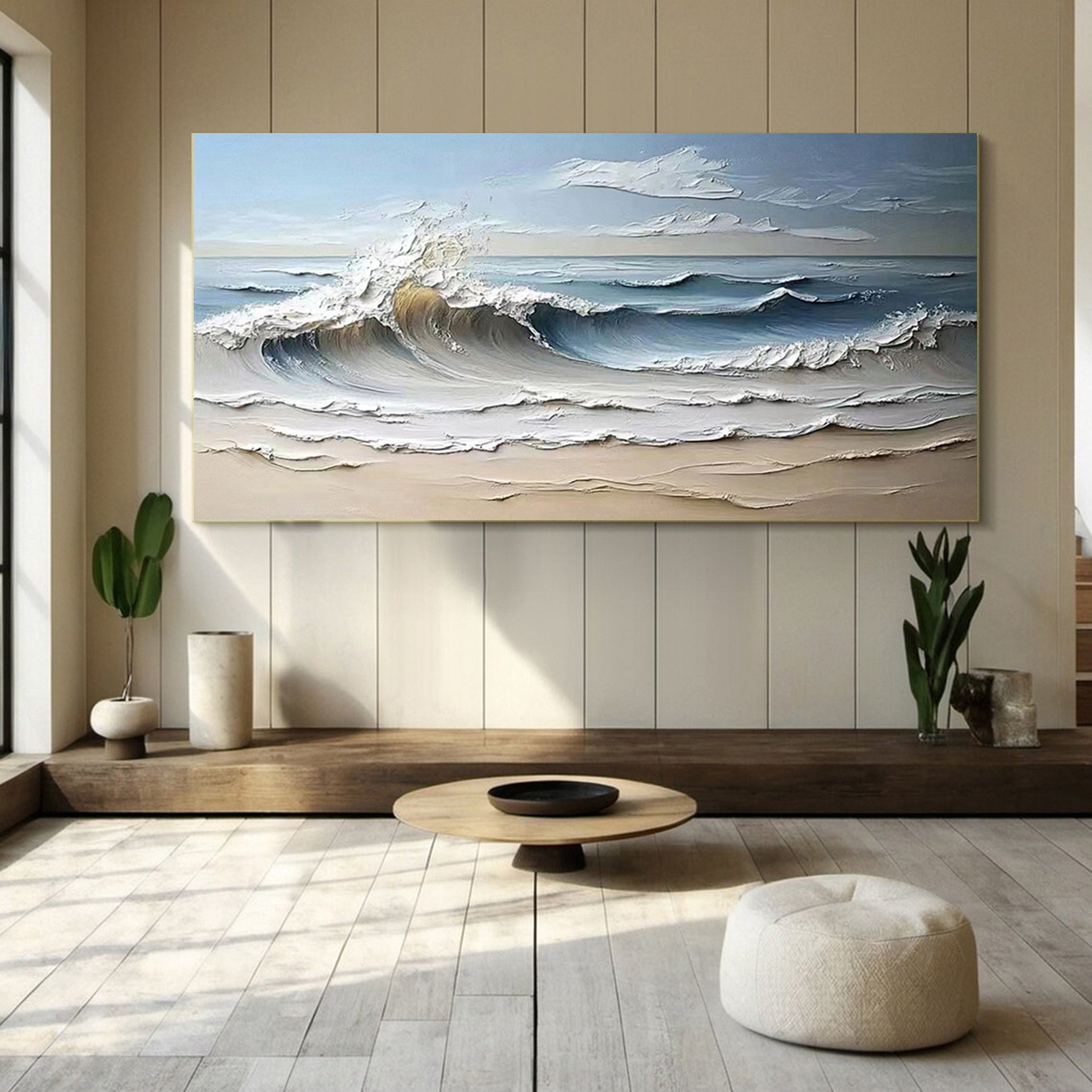 Large Abstract Seascape Acrylic Painting On Canvas Impasto Textured Painting Green White Painting sale Framed Wall Art Living Room Decor