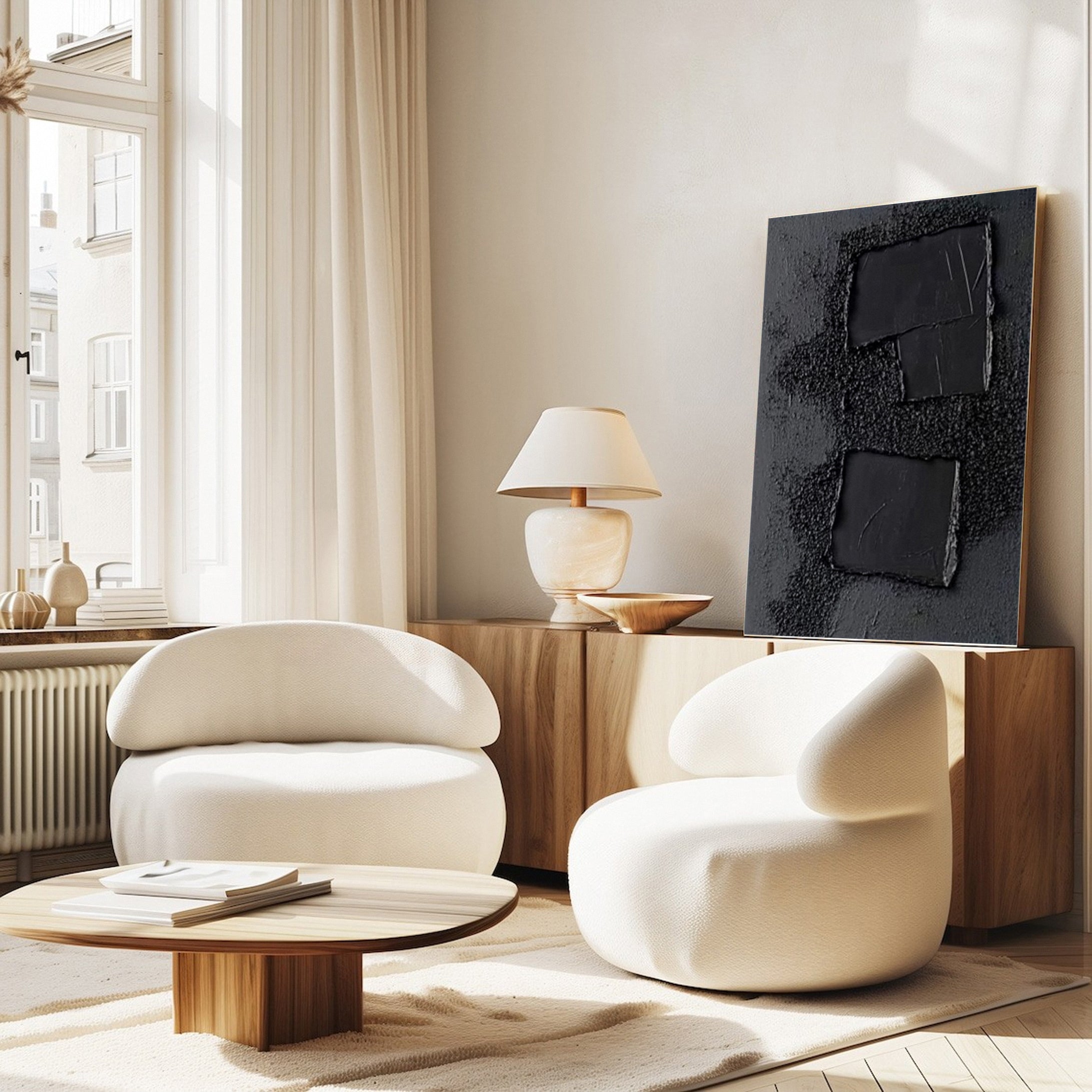 Elegant Black Abstract Sculpture Paintin Textured Canvas Art #BM 072