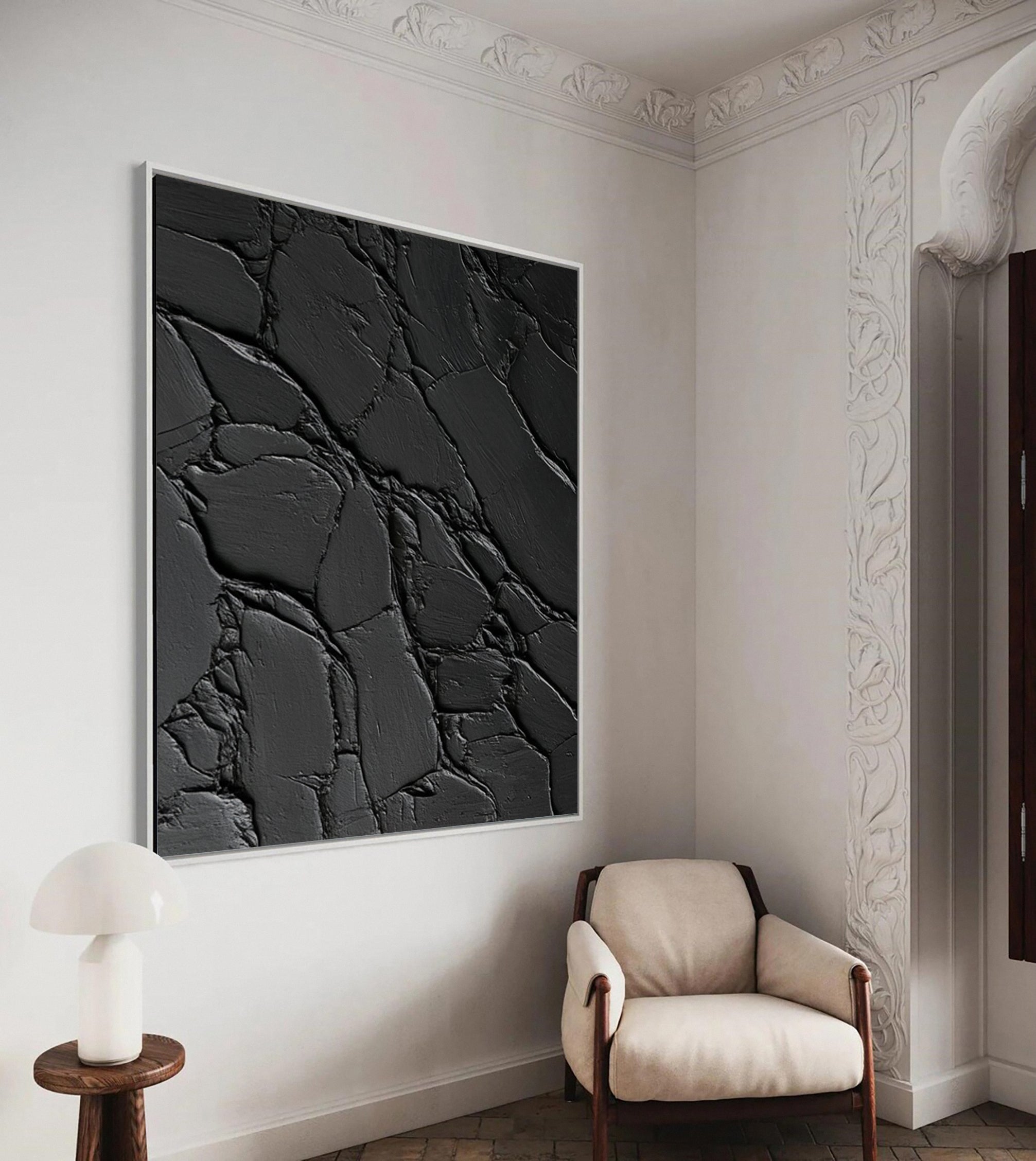 Elegant Black Abstract Sculpture Paintin Textured Canvas Art #BM 075