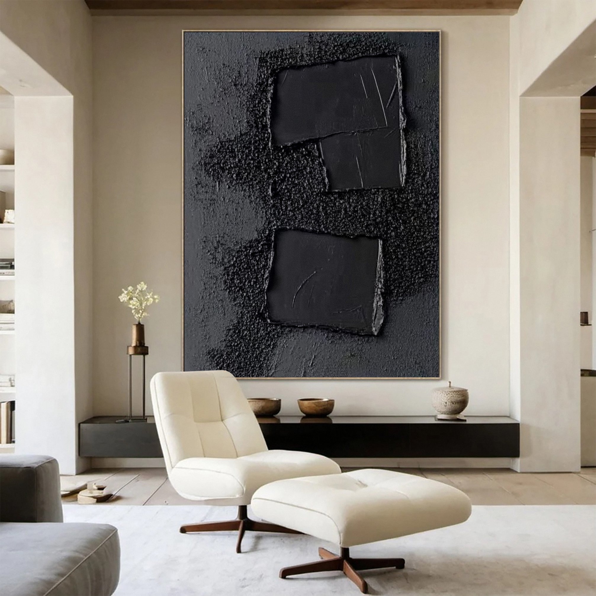 Elegant Black Abstract Sculpture Paintin Textured Canvas Art #BM 072