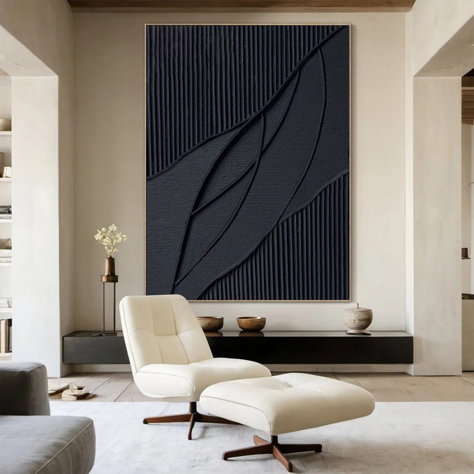 Elegant Black Abstract Sculpture Paintin Textured Canvas Art #BM 070