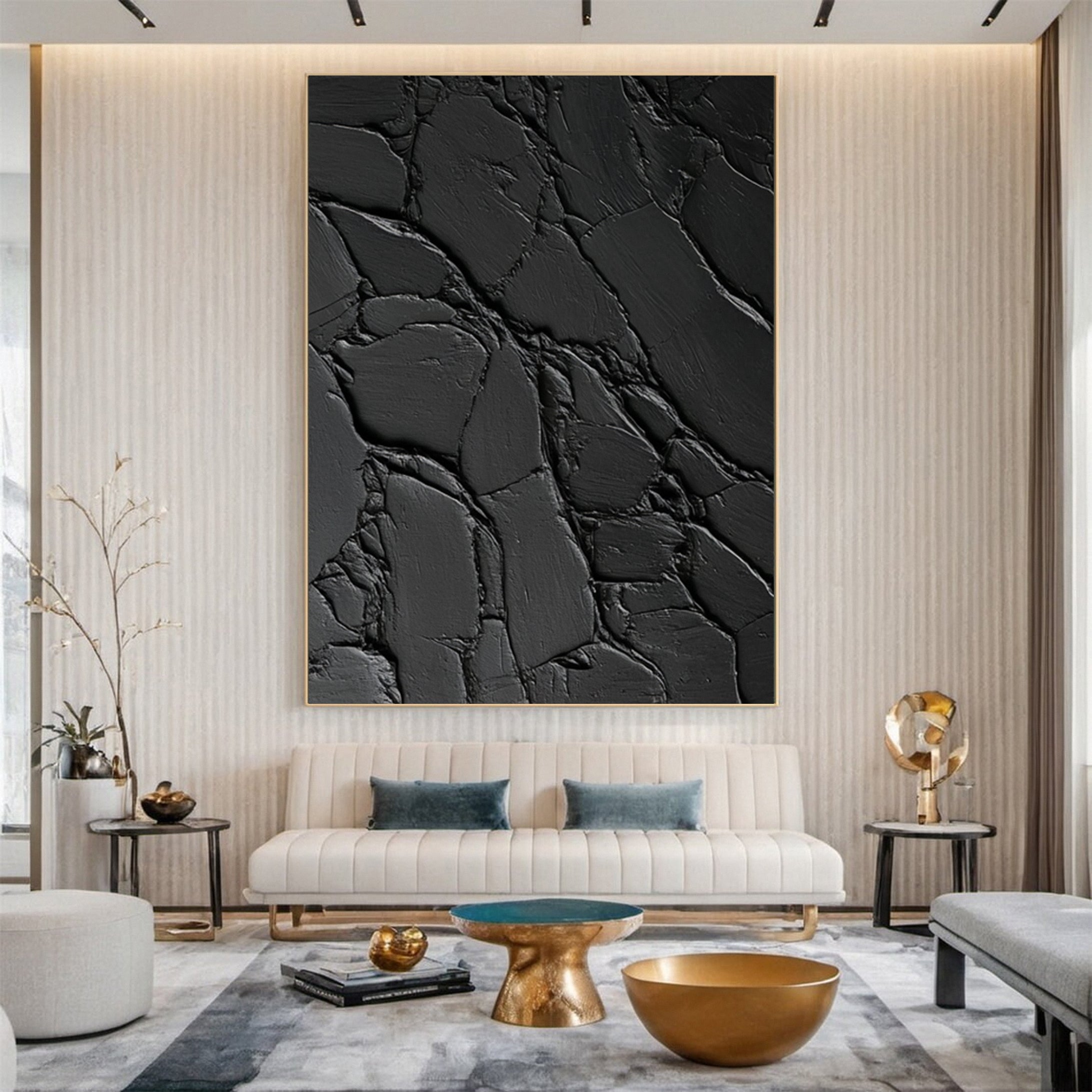 Elegant Black Abstract Sculpture Paintin Textured Canvas Art #BM 075