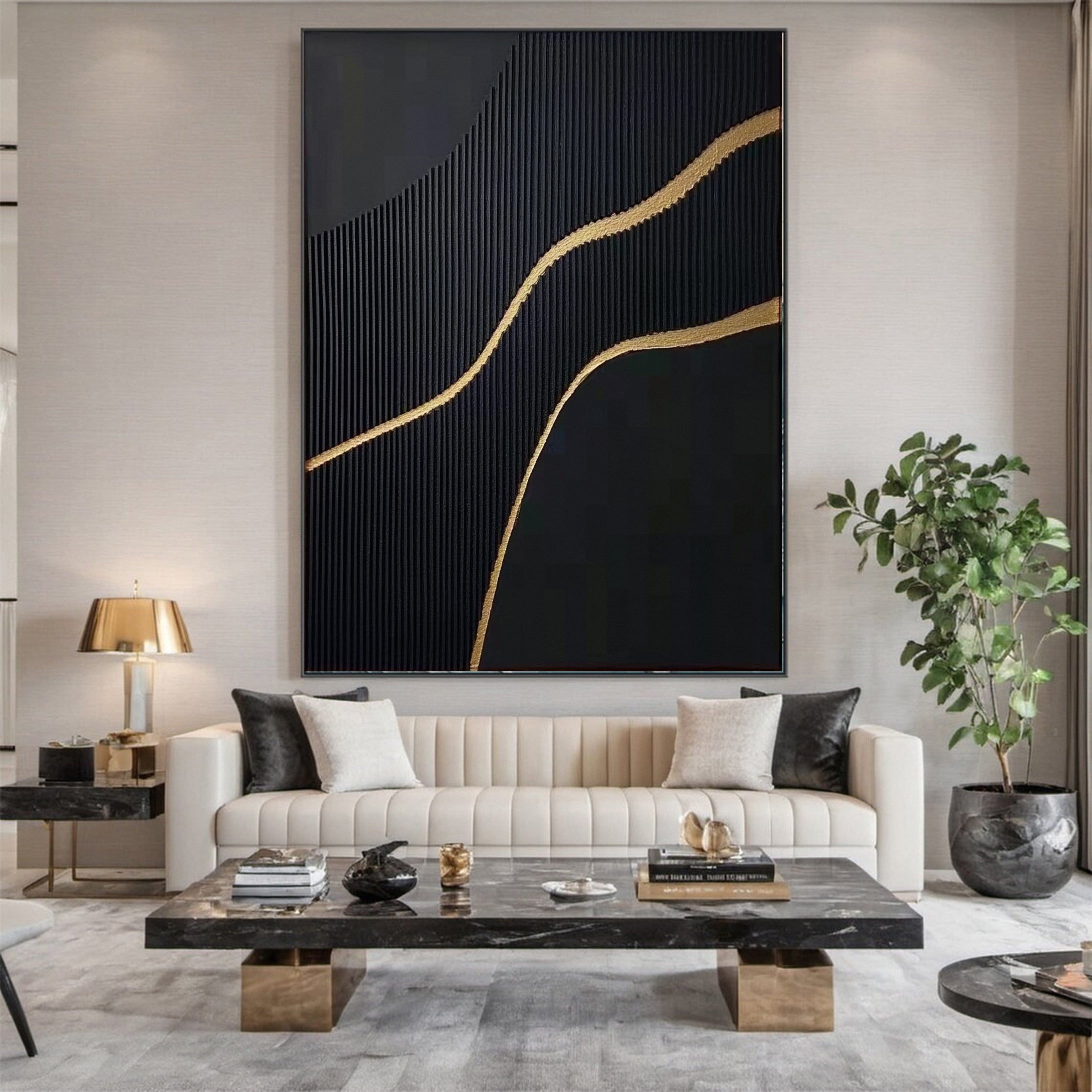 Luxury Waves Black and Gold Abstract Canvas Art #BM 082