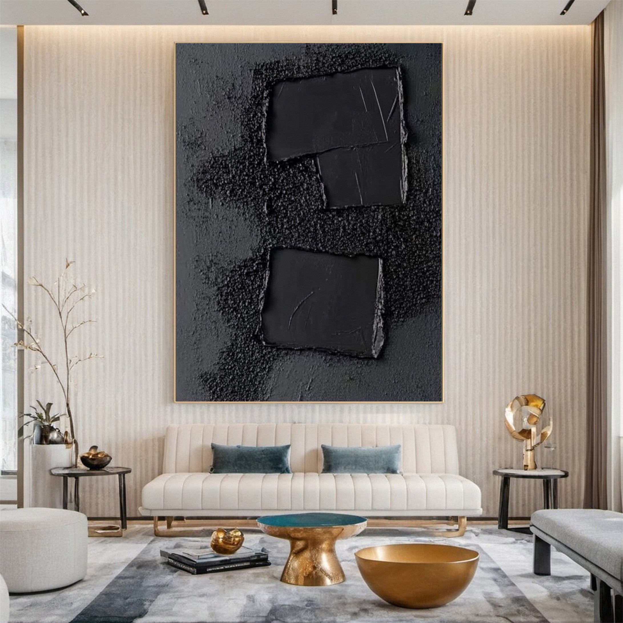 Elegant Black Abstract Sculpture Paintin Textured Canvas Art #BM 072