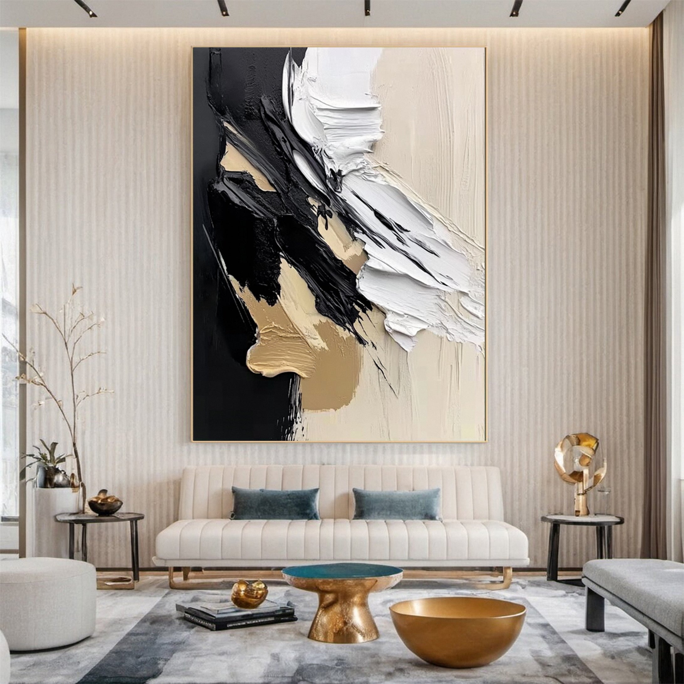 Luxury Abstract Wall Art Chic Black and Gold Brush Strokes #BBM 042