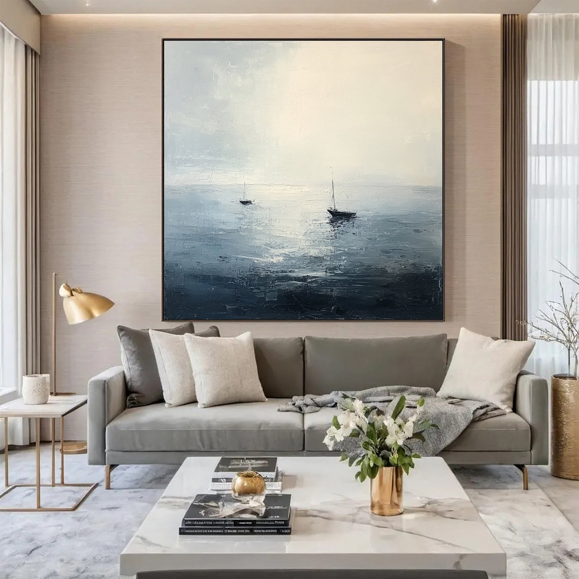 Oceanic Calm Distant Boats Painting for Relaxing Interiors #BBA 040