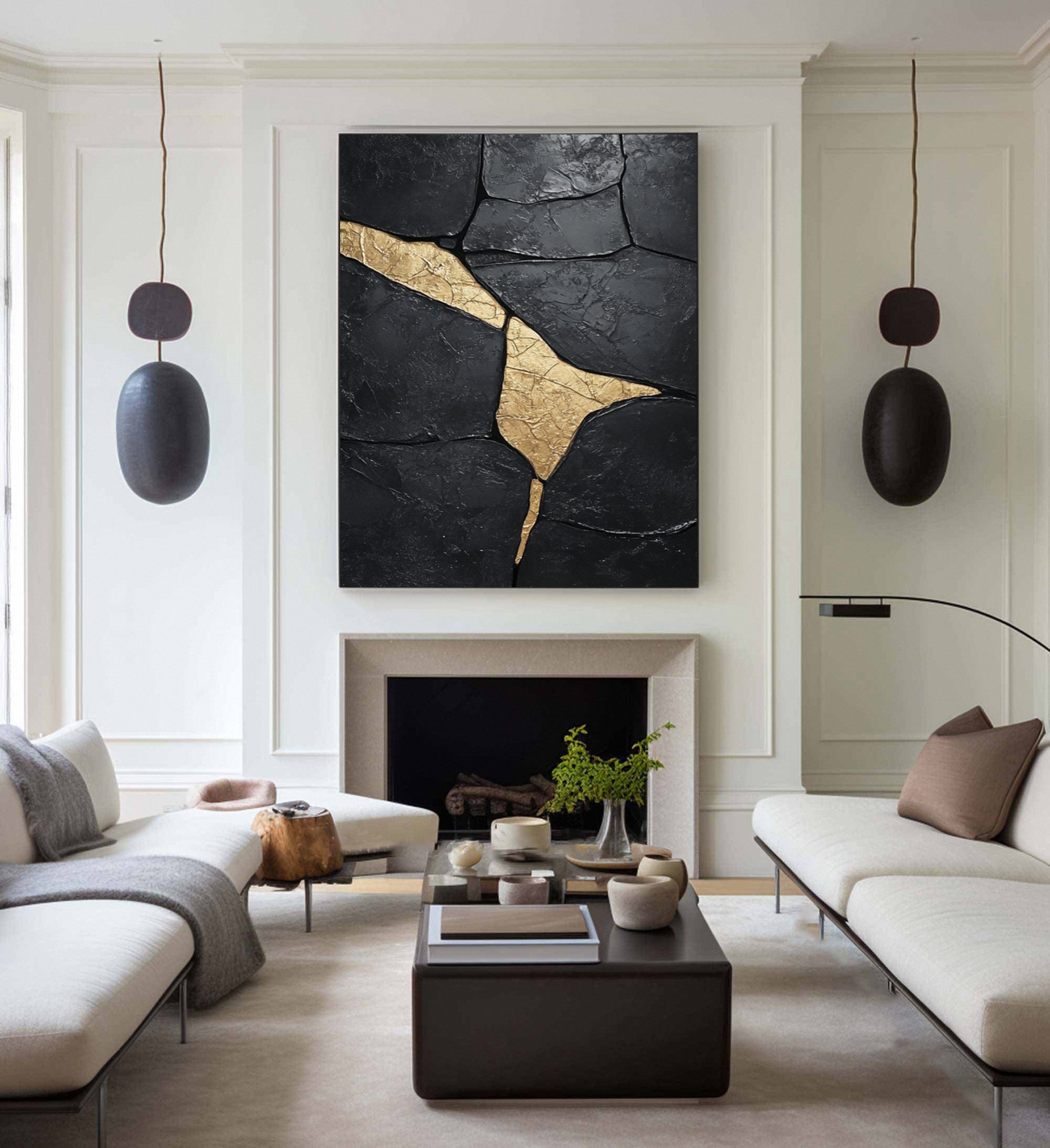 Large Black Textured Canvas with Gold Accents for Room Decor #BM 033