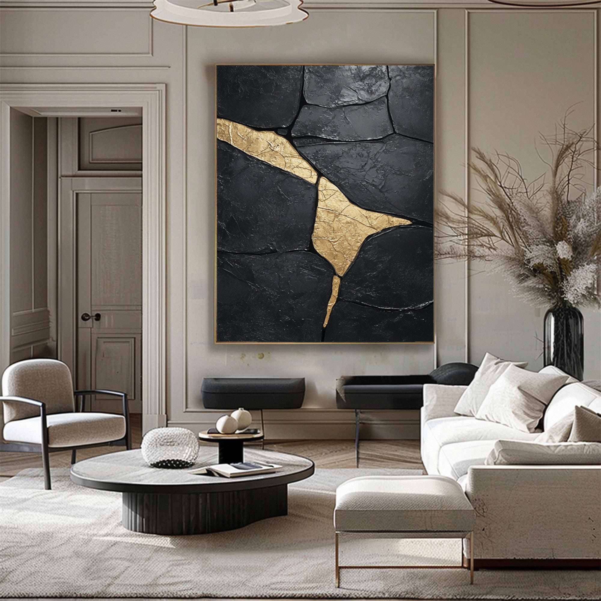 Large Black Textured Canvas with Gold Accents for Room Decor #BM 033