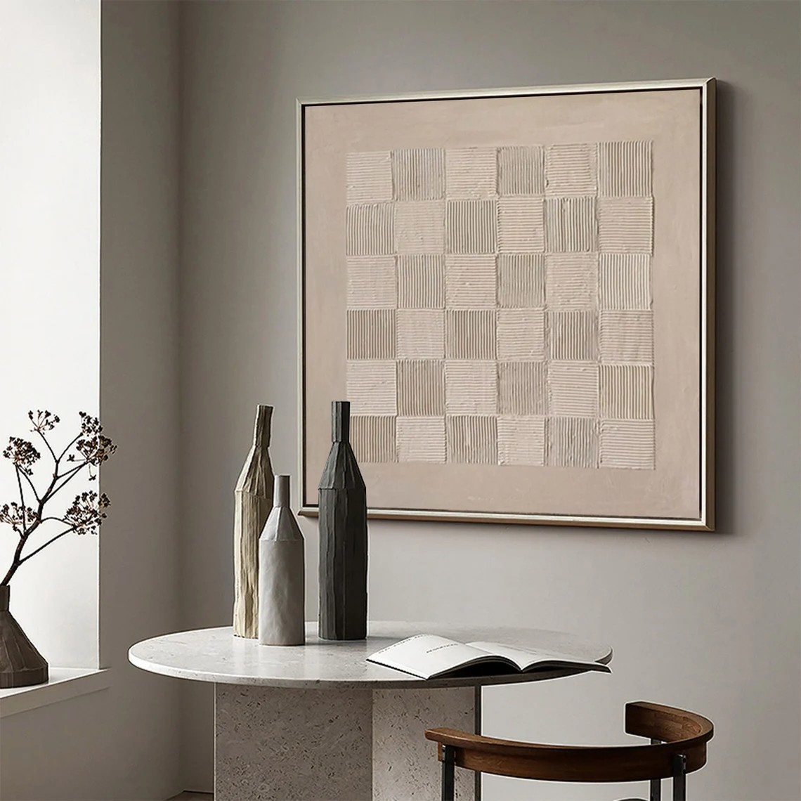 Soft Beige Checkerboard Minimalist Wall Art #WSA 012