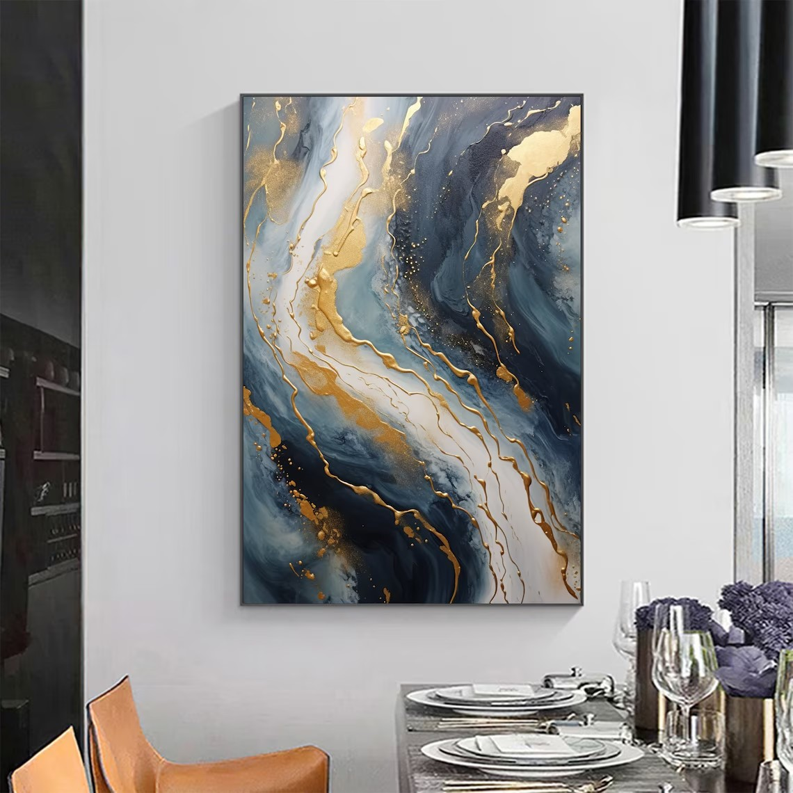 Dynamic Blue and Gold Abstract Canvas Art #BGA 035