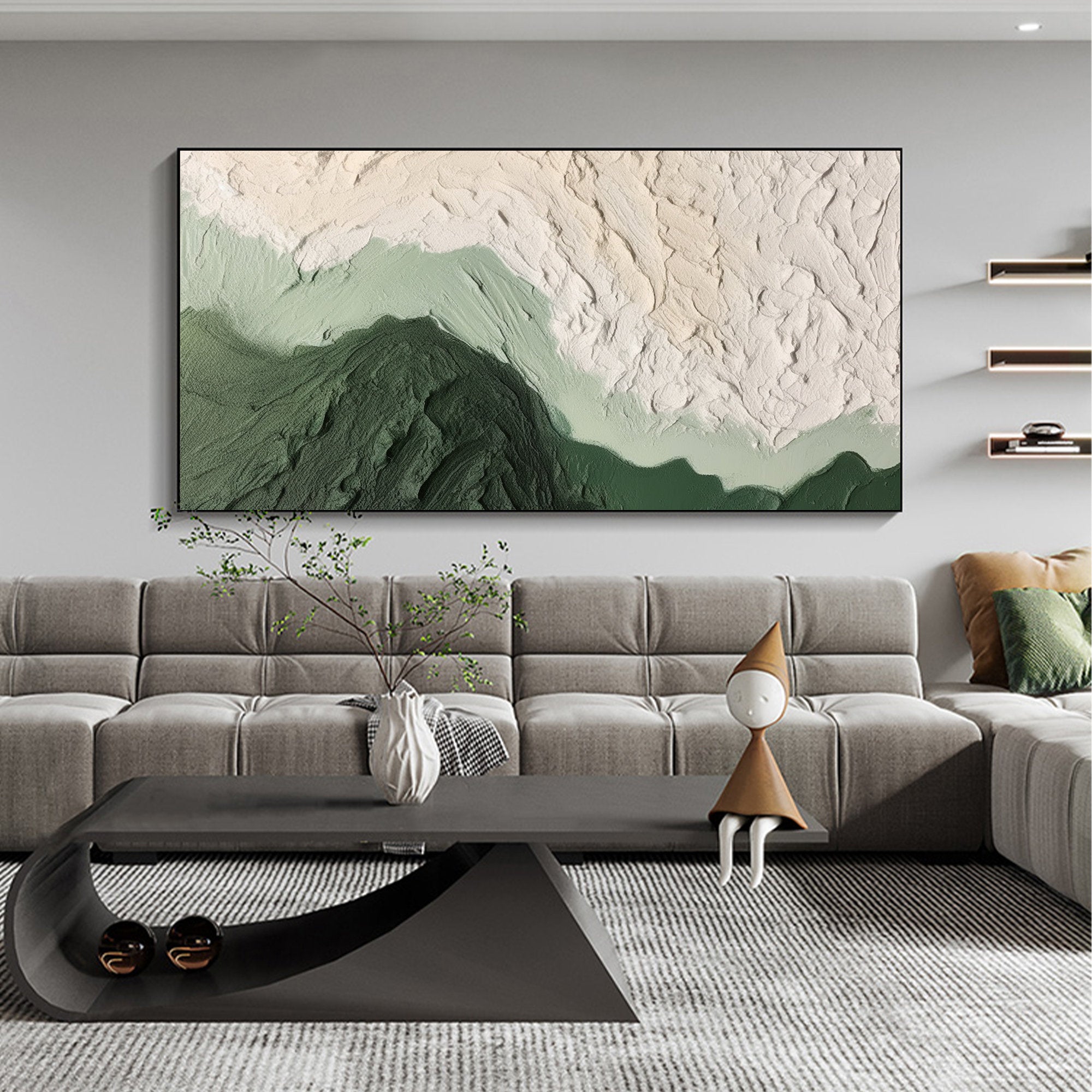 Large Green Abstract Painting,Gray White offers Abstract Painting,Green Textured Painting,Green Minimalist Abstract Painting,Gray White Painting