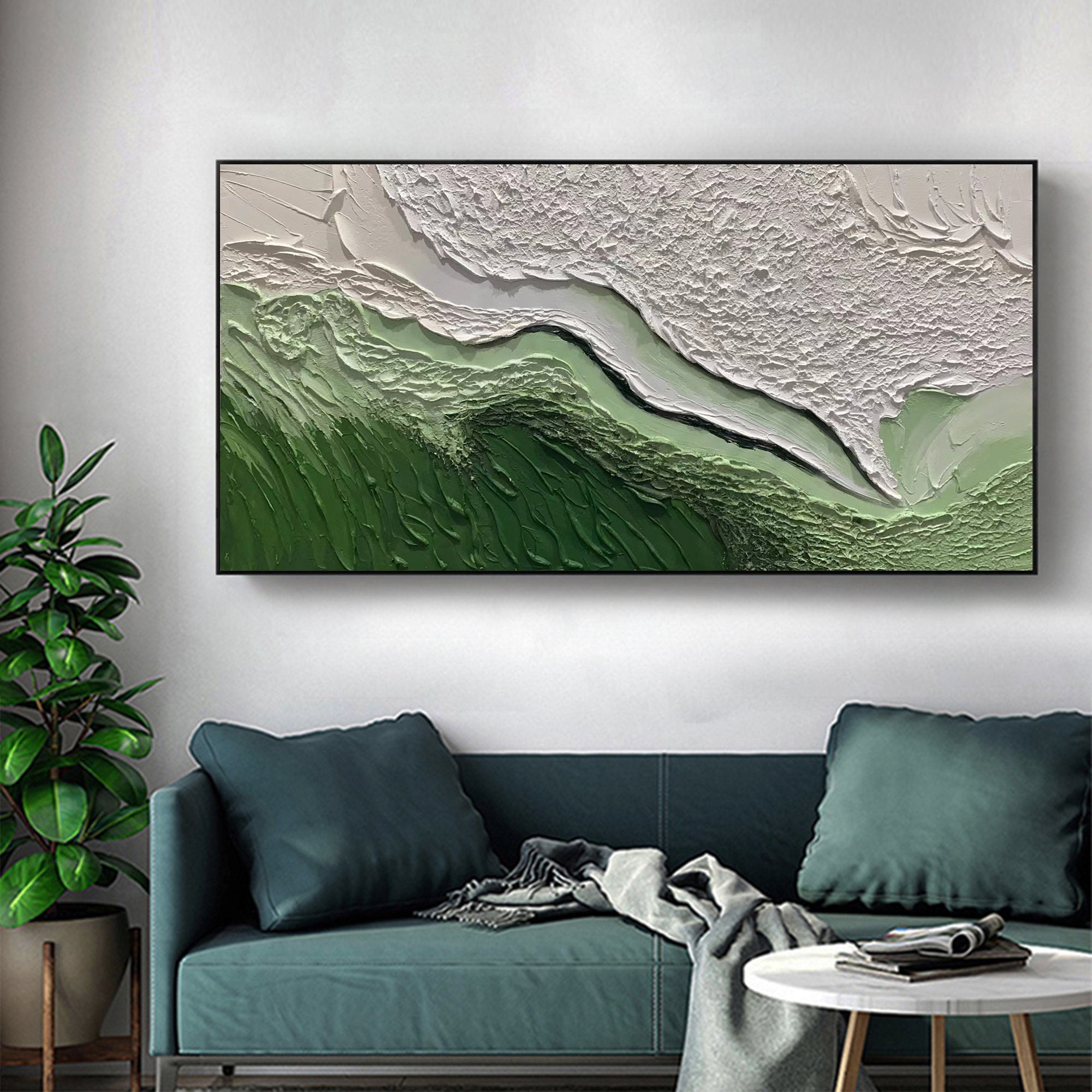 Large Green Abstract Painting,Original White Abstract Painting,White 3D Textured Painting,Emerald Green offers 3D Abstract Painting,White Wall Art