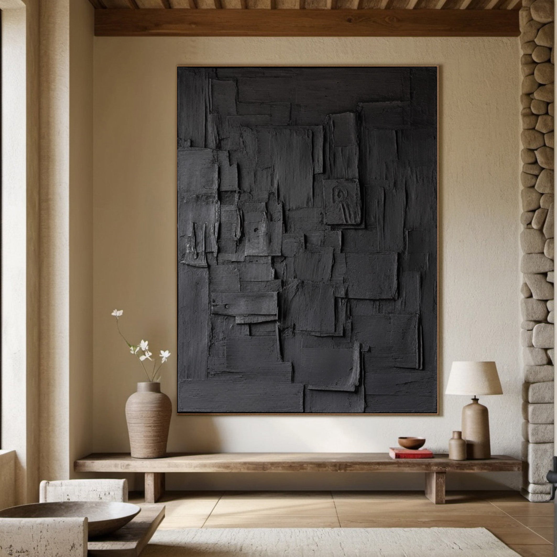 Elegant Minimalist Black Art Abstract Textured Paintings for Chic Interiors #BM 046