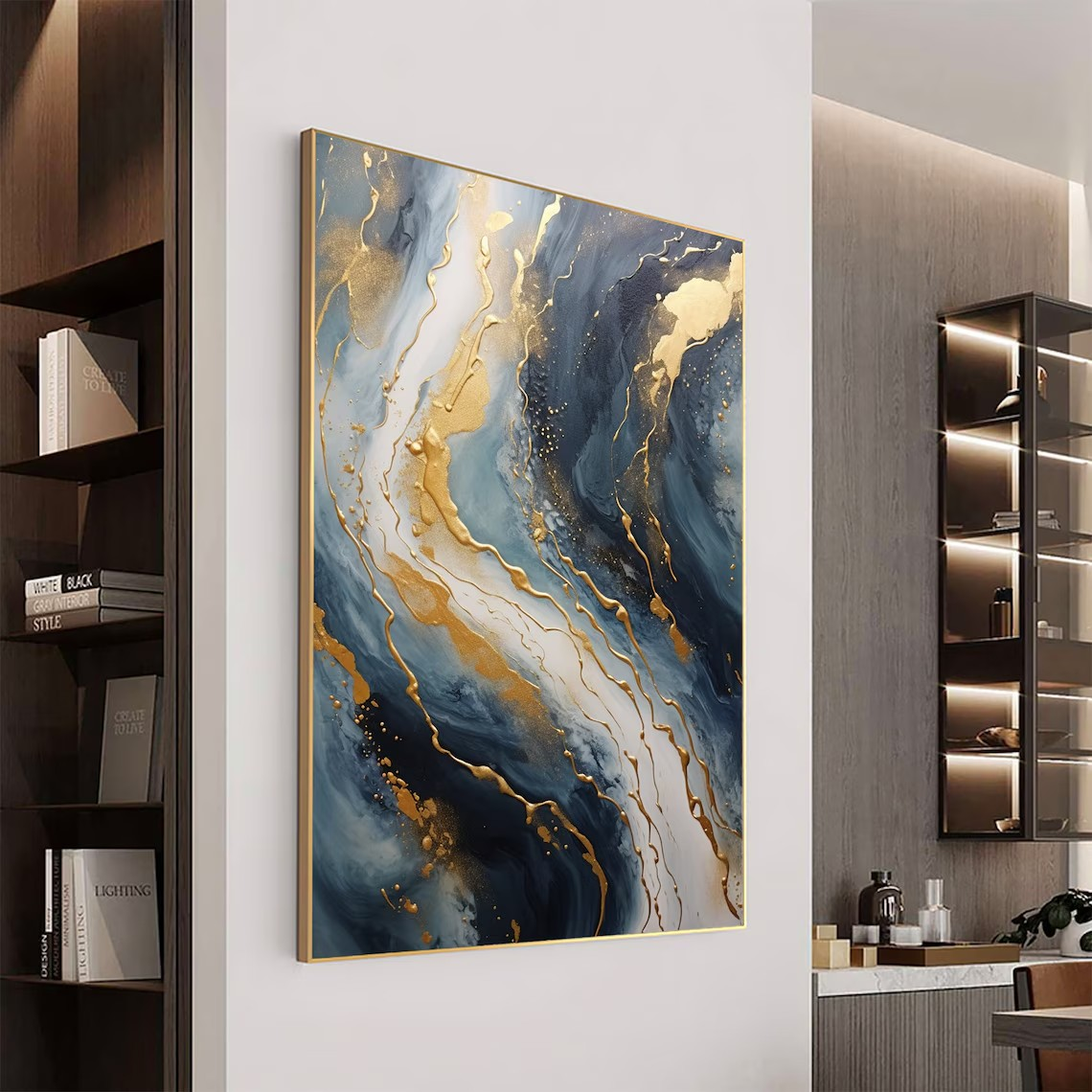 Dynamic Blue and Gold Abstract Canvas Art #BGA 035