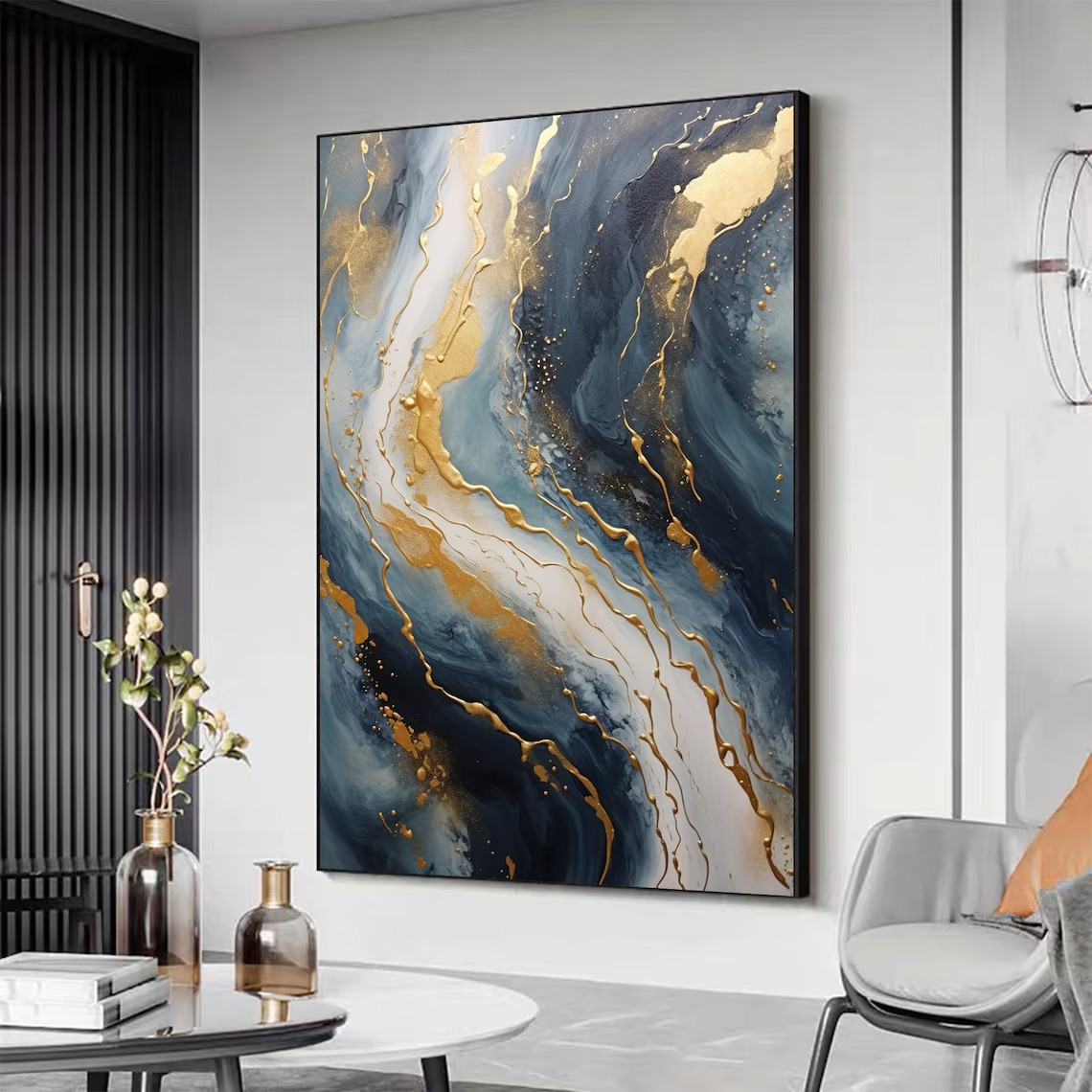 Dynamic Blue and Gold Abstract Canvas Art #BGA 035