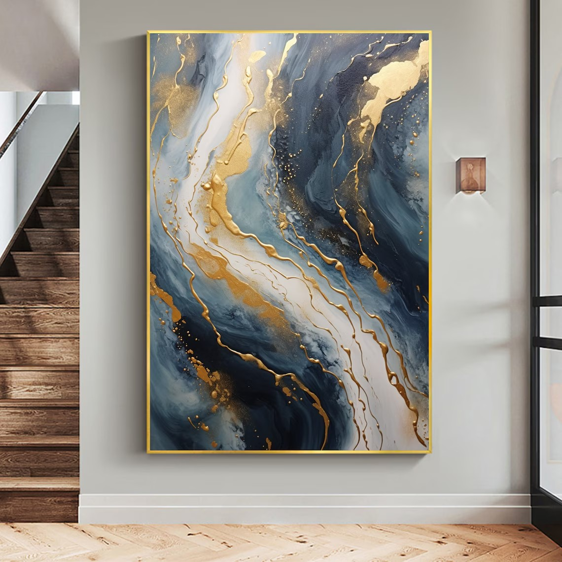 Dynamic Blue and Gold Abstract Canvas Art #BGA 035