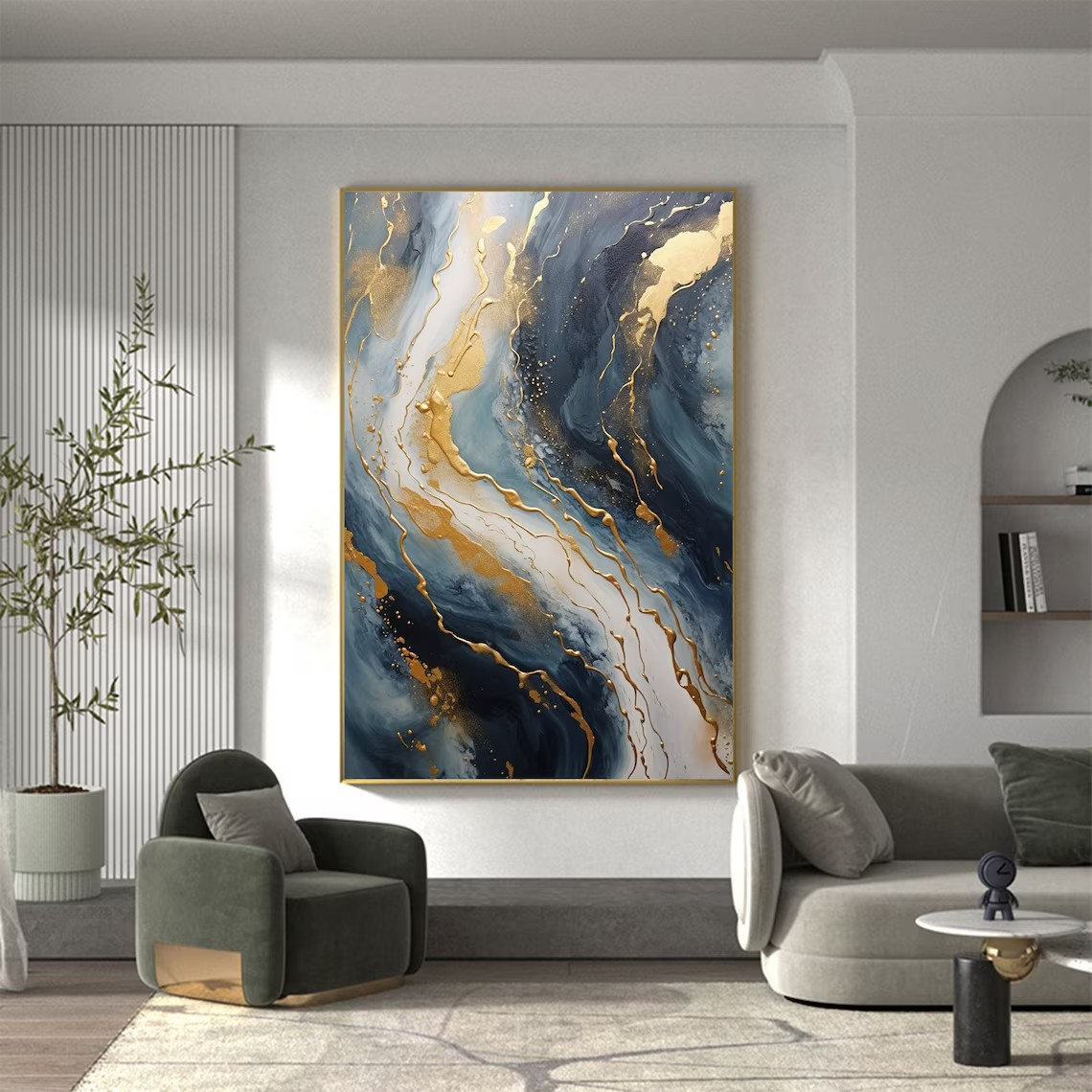 Dynamic Blue and Gold Abstract Canvas Art #BGA 035